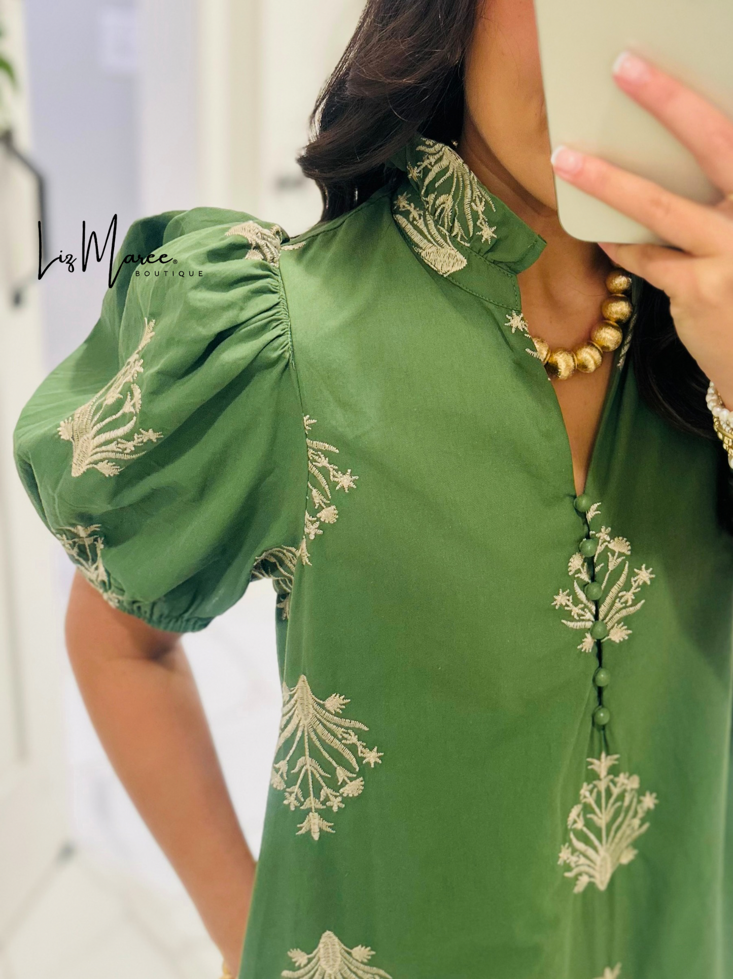 The Nola Olive Green Botanical Embroidered Midi Dress