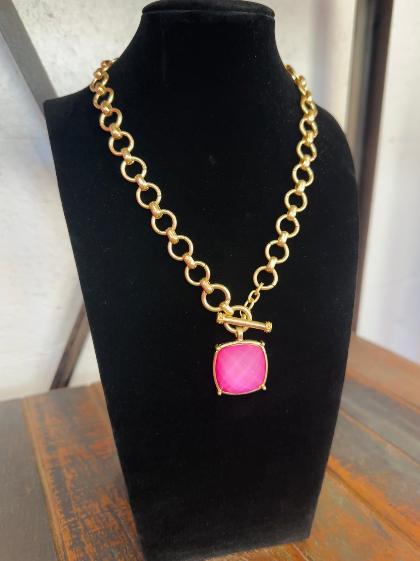 Pink Square Stone Pendant Necklace