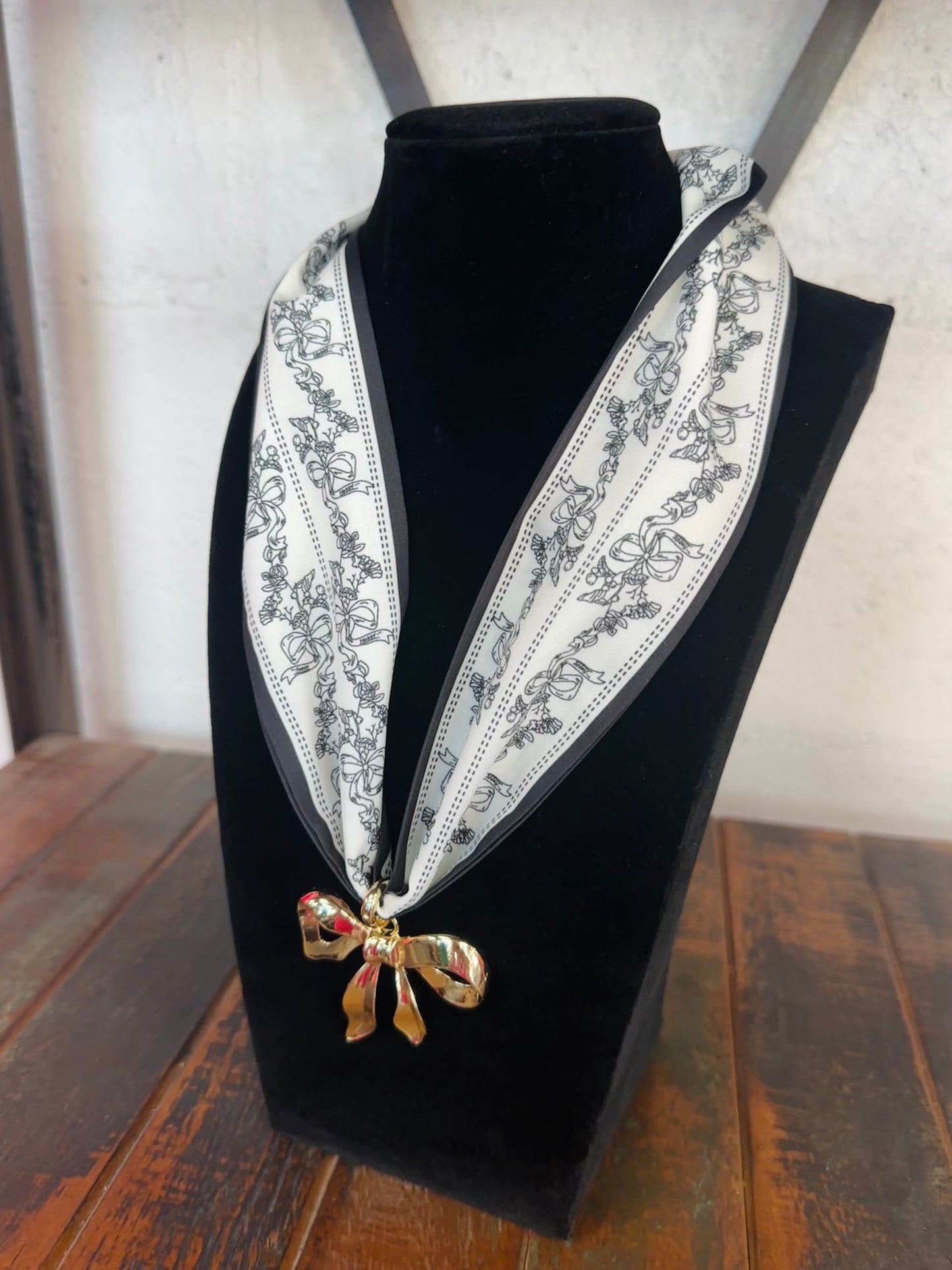 Black Bow Floral Silk Scarf + Gold Bow Pendant