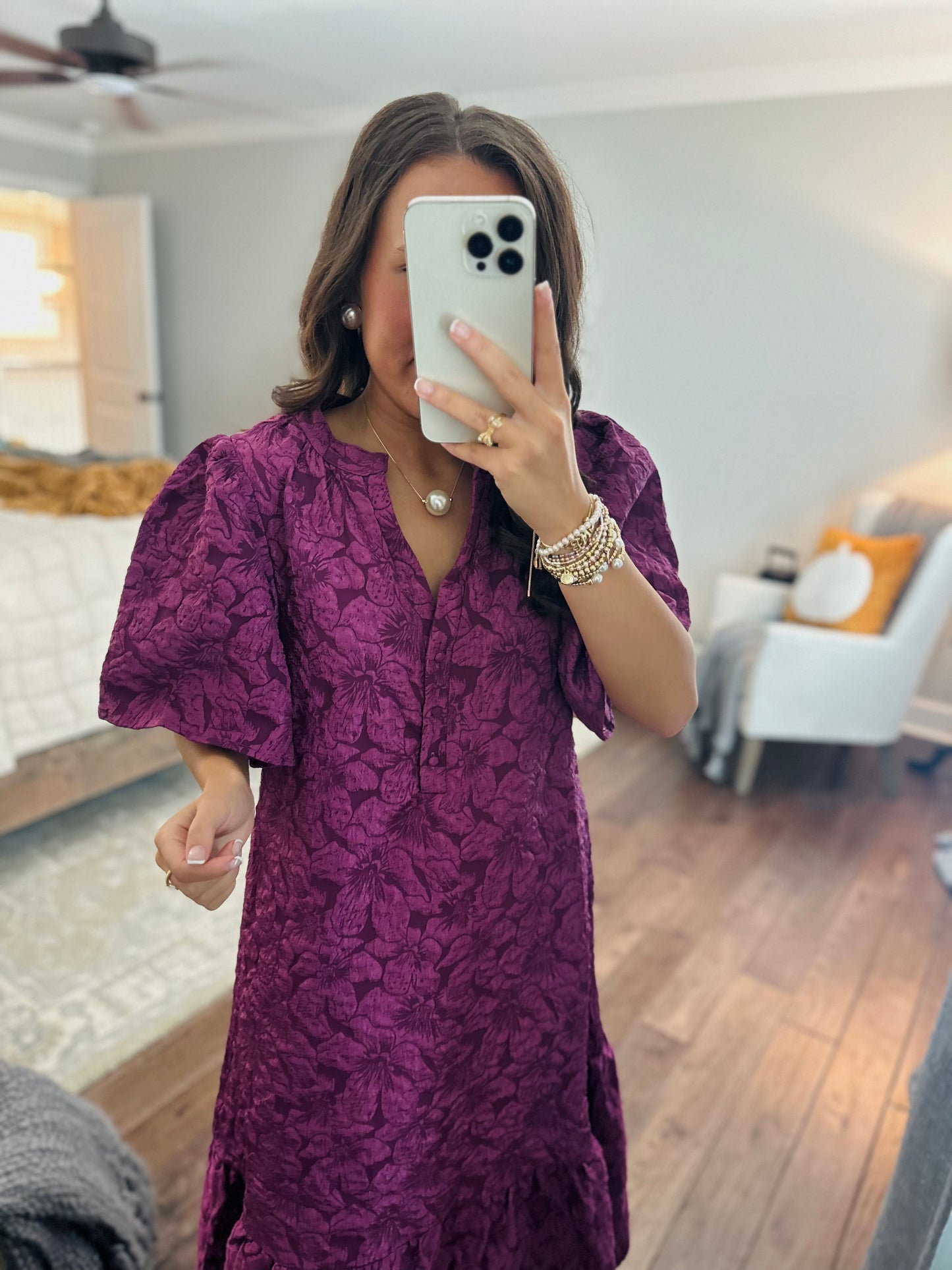 The Ada Plum Jacquard Floral Midi Dress