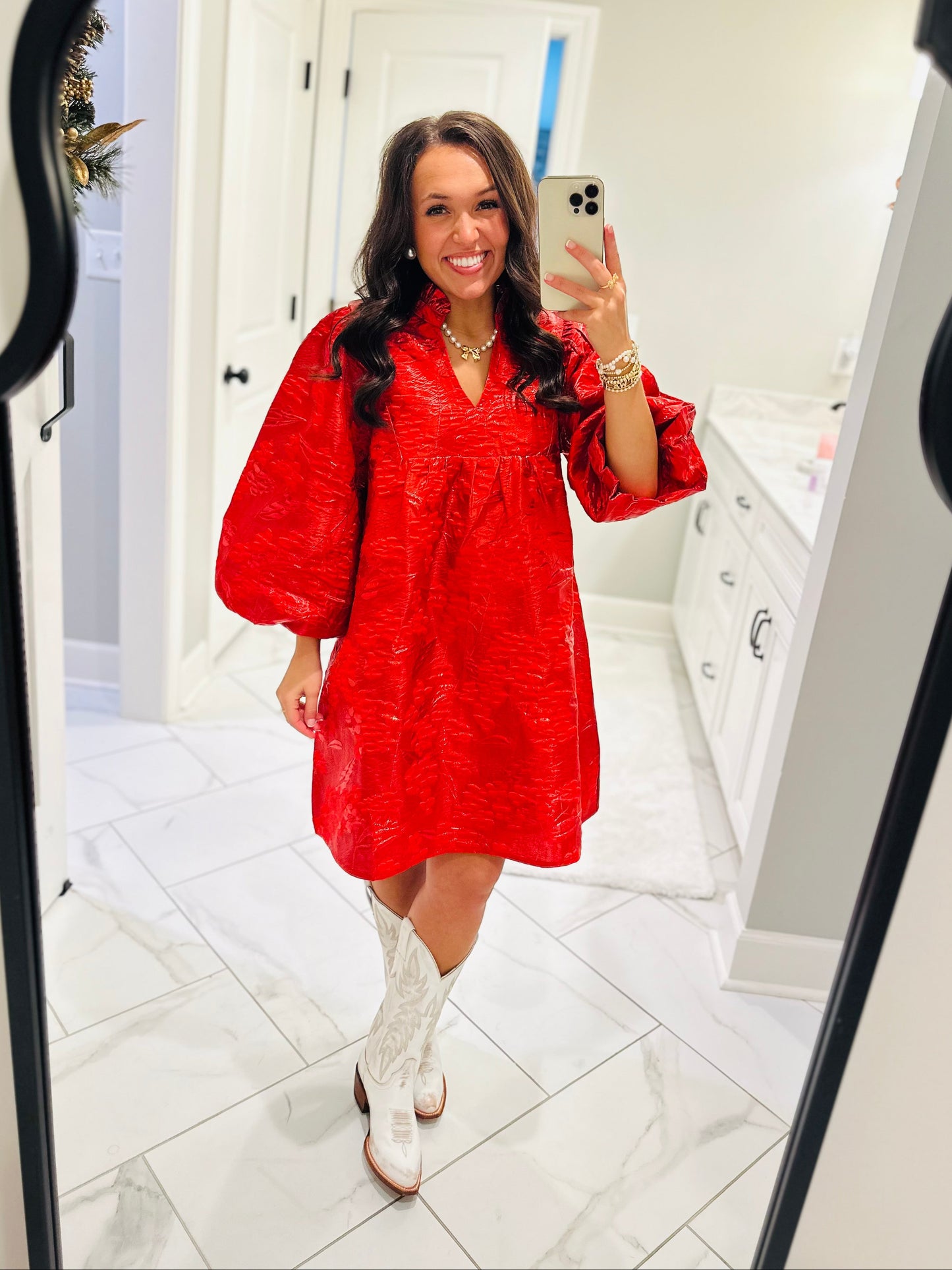 The Clara Red Jacquard Shimmer Dress