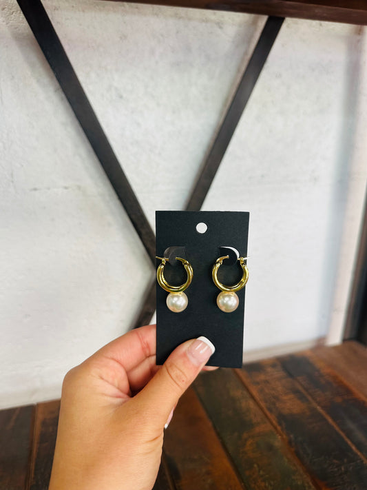 Pearl Drop Gold Hoop Earring