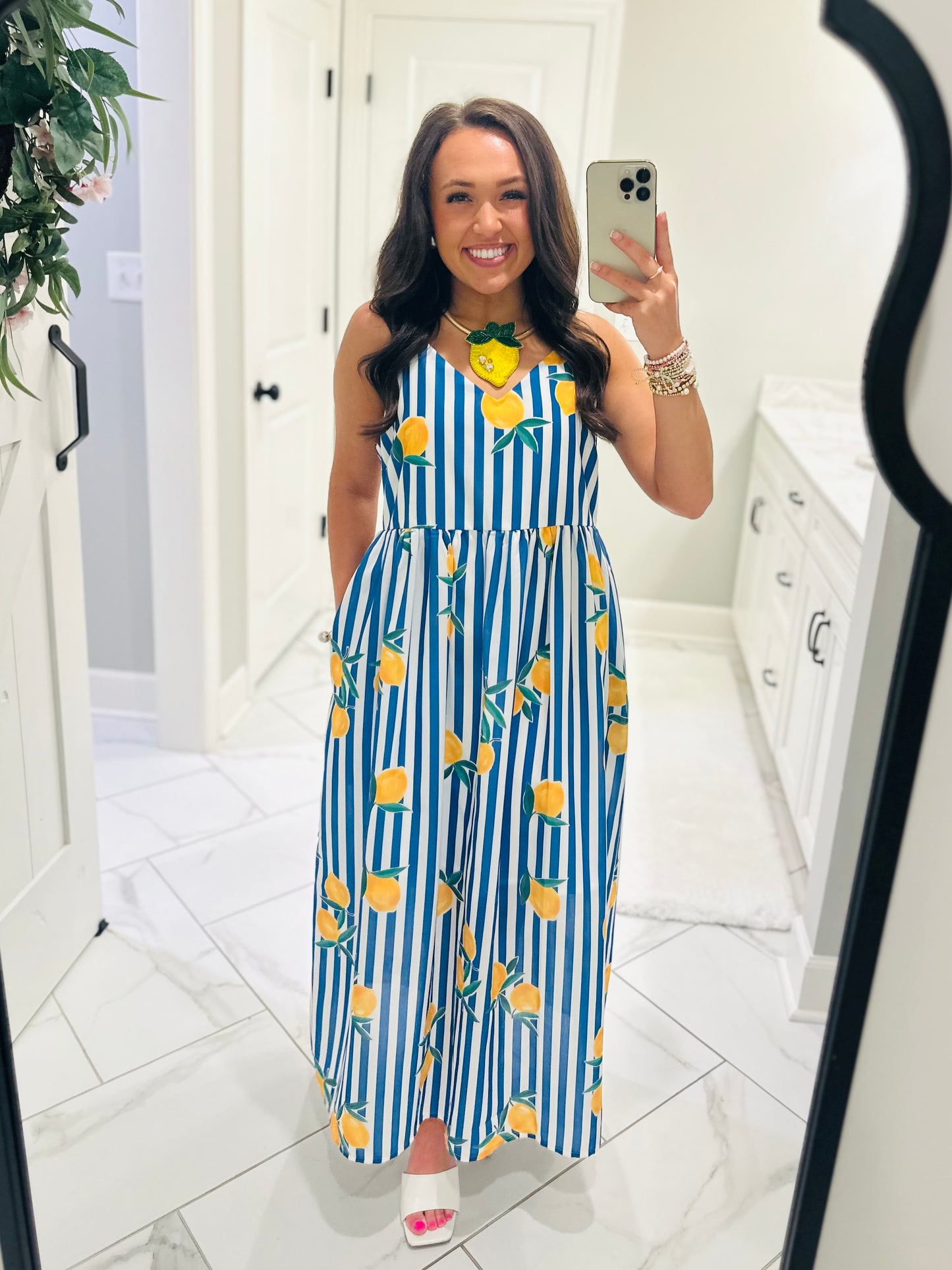 The Cass Blue Striped Lemon Midi Dress