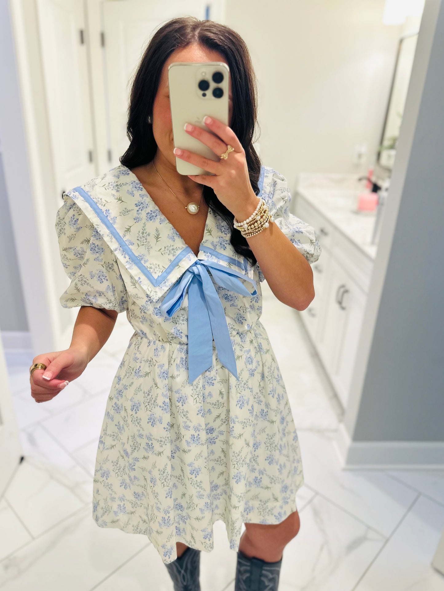 The Charlotte Cream + Blue Printed Poplin Dress