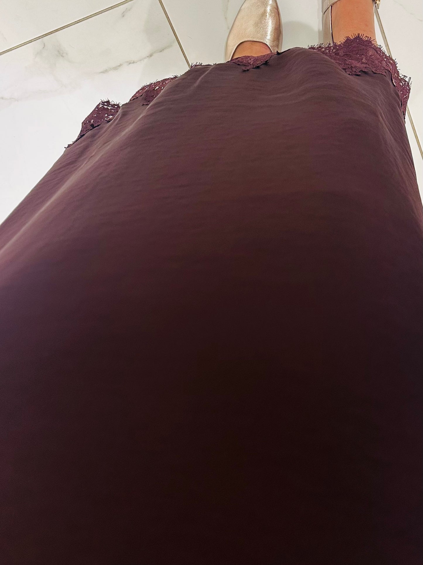 The Dallas Burgundy Satin Lace Midi Skirt