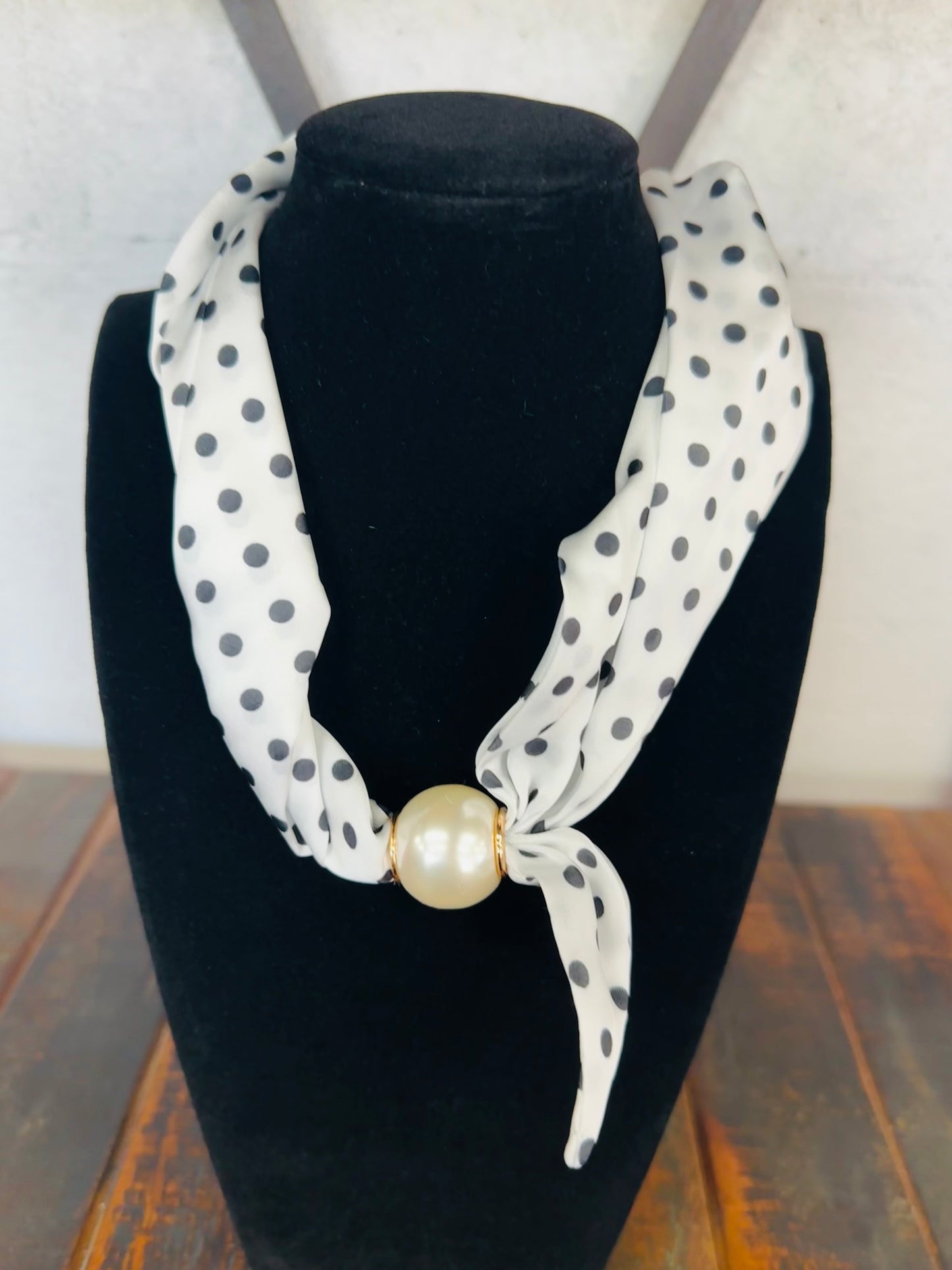 White + Black Polkadot Pearl Scarf Necklace