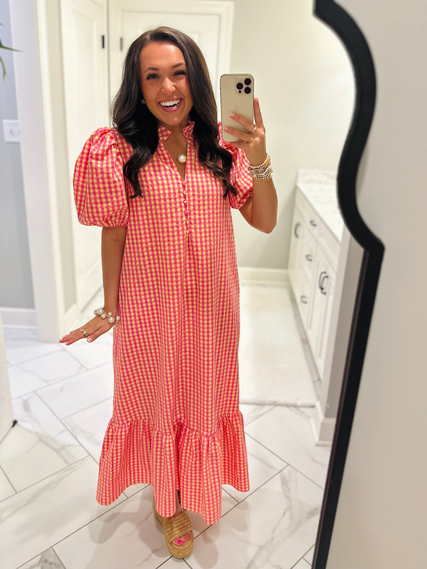 The Emilee Pink + Yellow Gingham Midi Dress