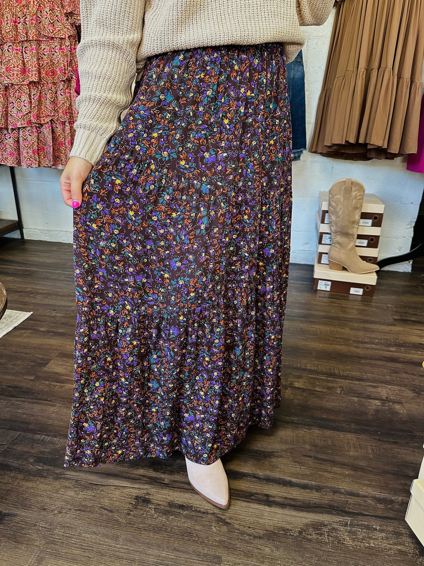 The Hartley Dark Brown Floral Maxi Skirt