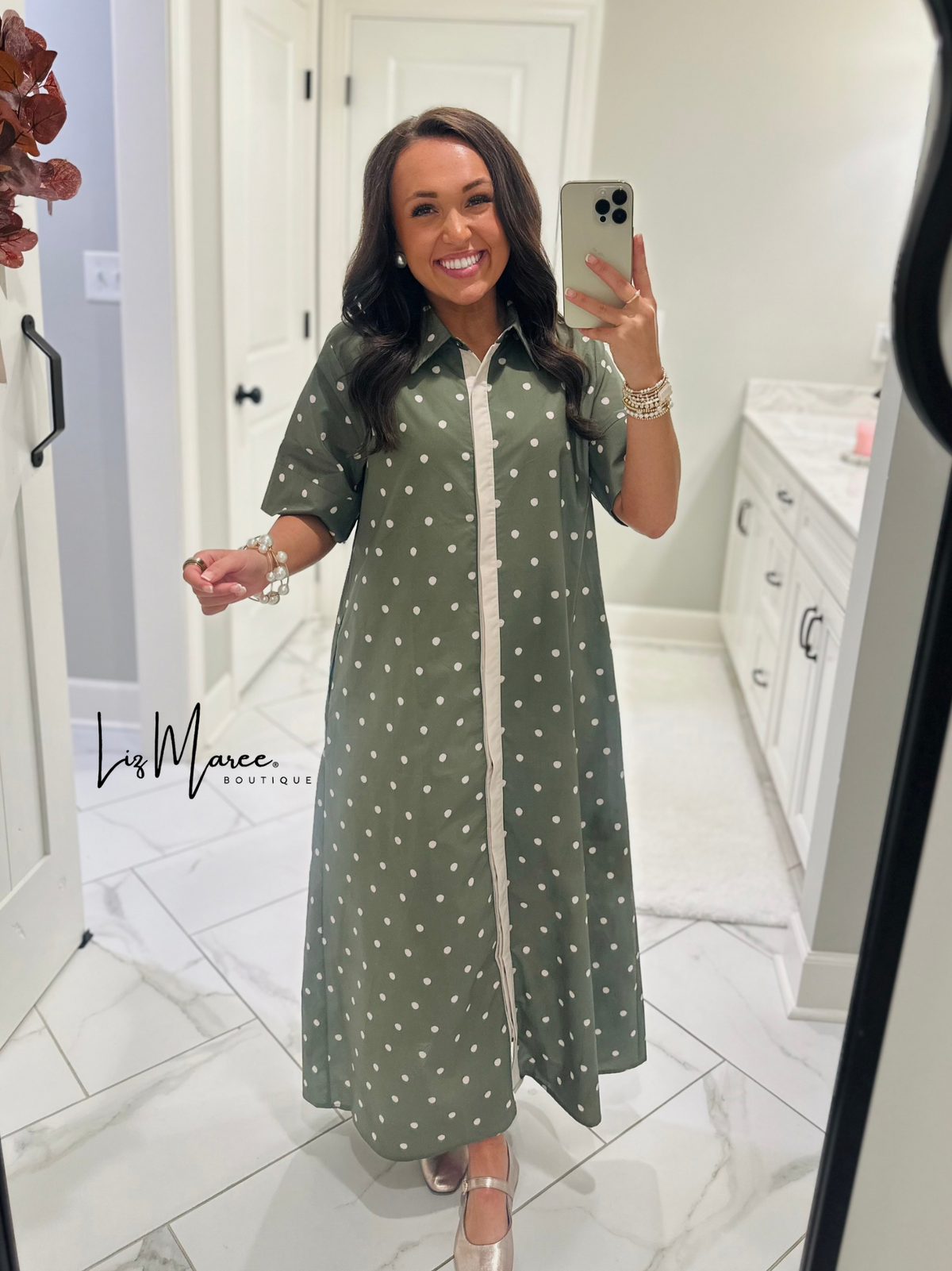 The Ruth Olive Green Polka Dot Midi Dress