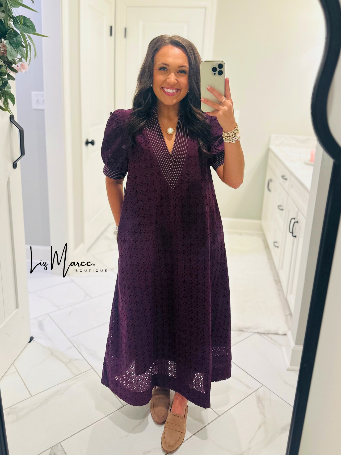 The Adley Merlot Eyelet Midi Dress