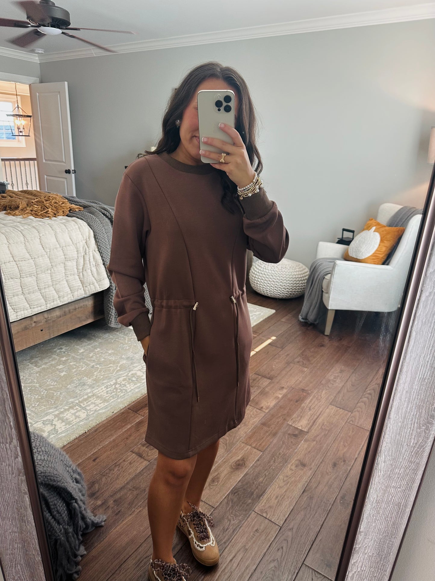 The Mocha Jersey Knit Long Sleeve Drawstring Dress