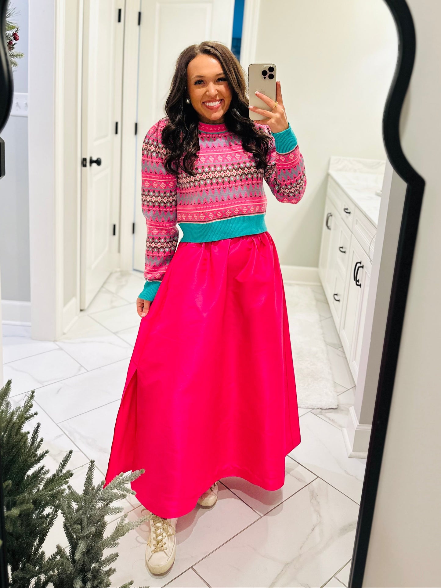 The Alya Hot Pink Fair Isle Print Cropped Sweater