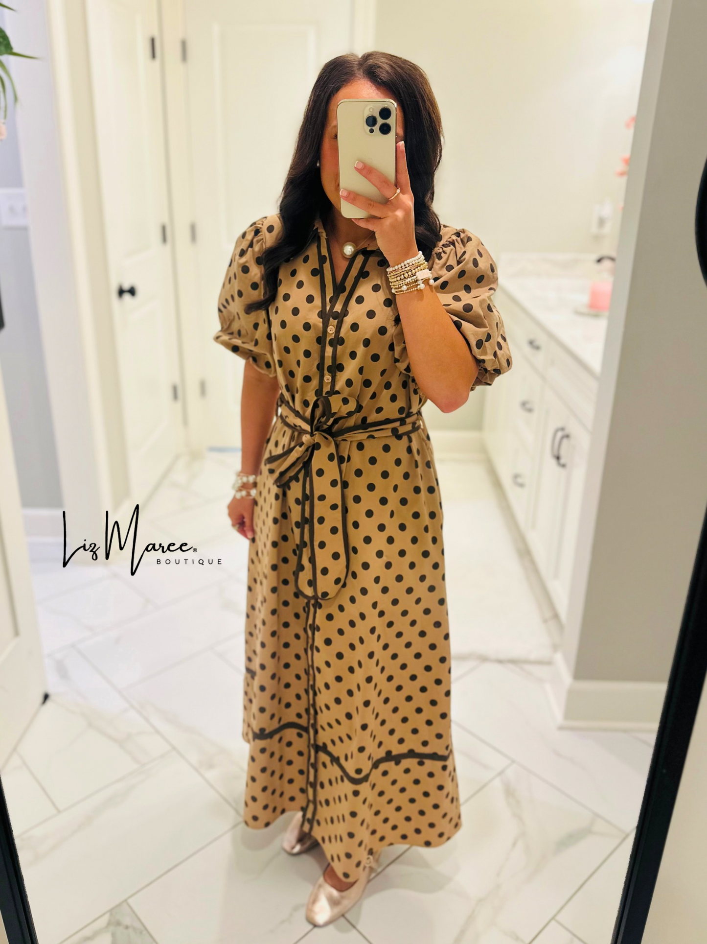 The Tatum Taupe Polka Dot Midi Dress