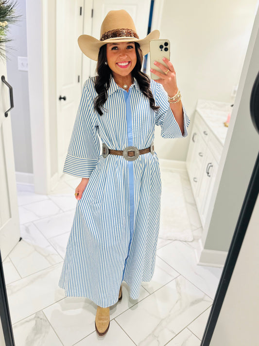 The Nora Blue Striped Midi Dress