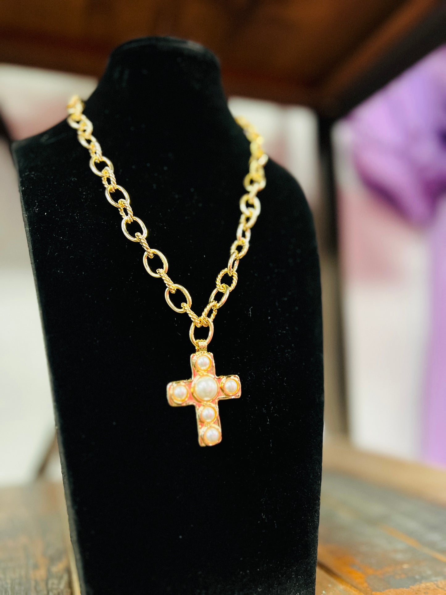 Gold Pave Pearl Cross Necklace