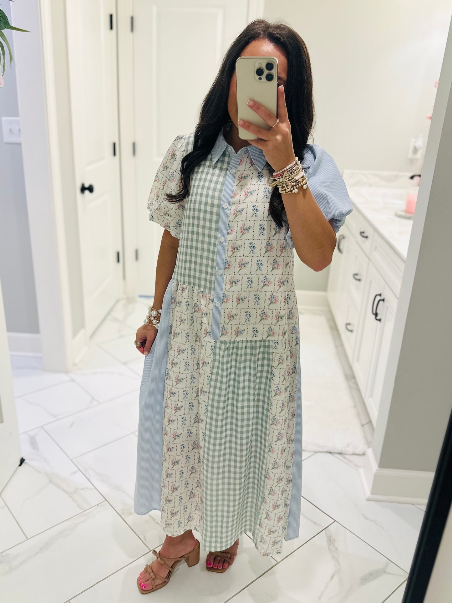 The Mae Blue + Mint Patchwork Midi Dress