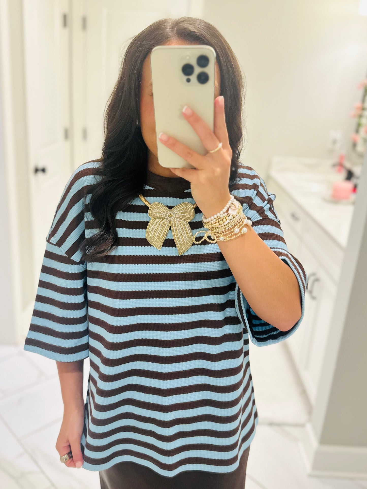 The Everly Blue + Brown Striped Knit Top