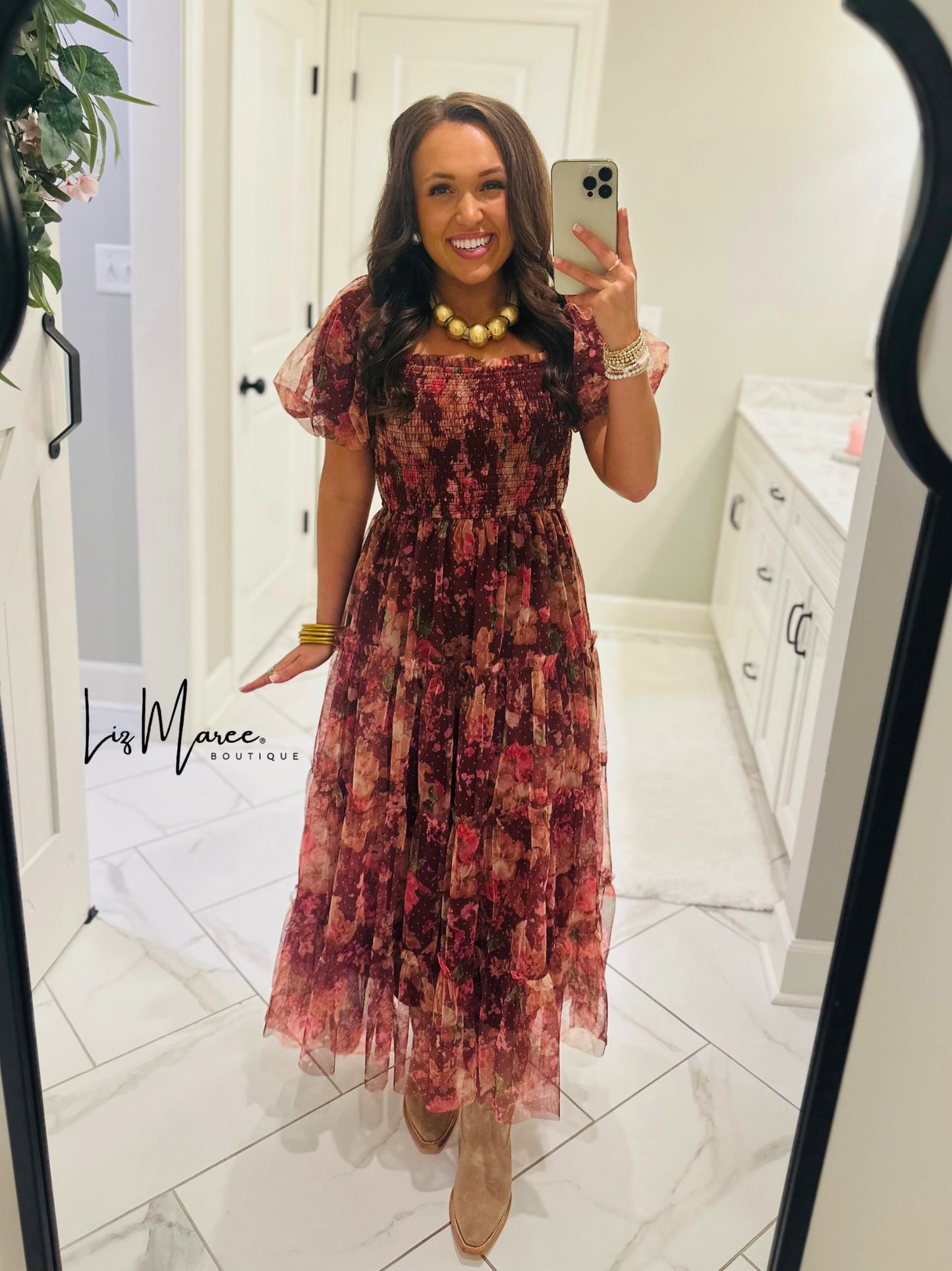 The Halston Burgundy Floral Polka Dot Midi Dress
