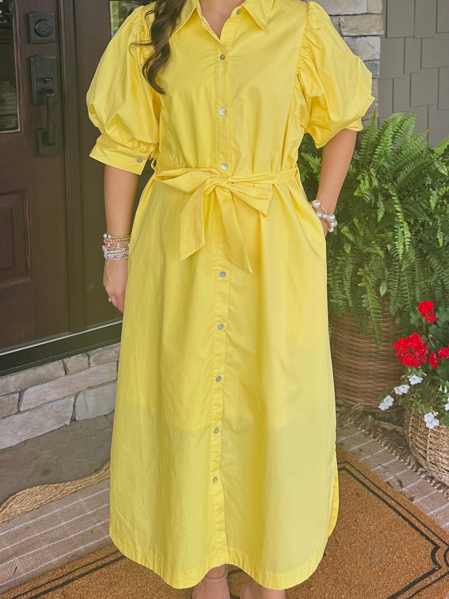 The Caroline Yellow Button Front Midi Dress