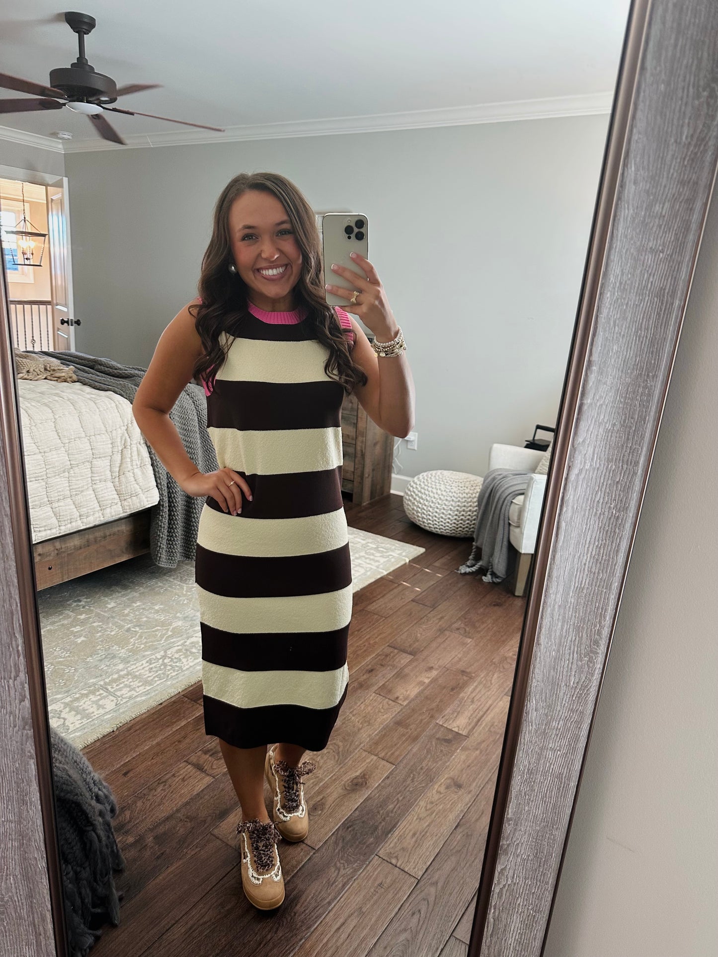 The Everlee Pink + Cream Striped Knit Midi Dress