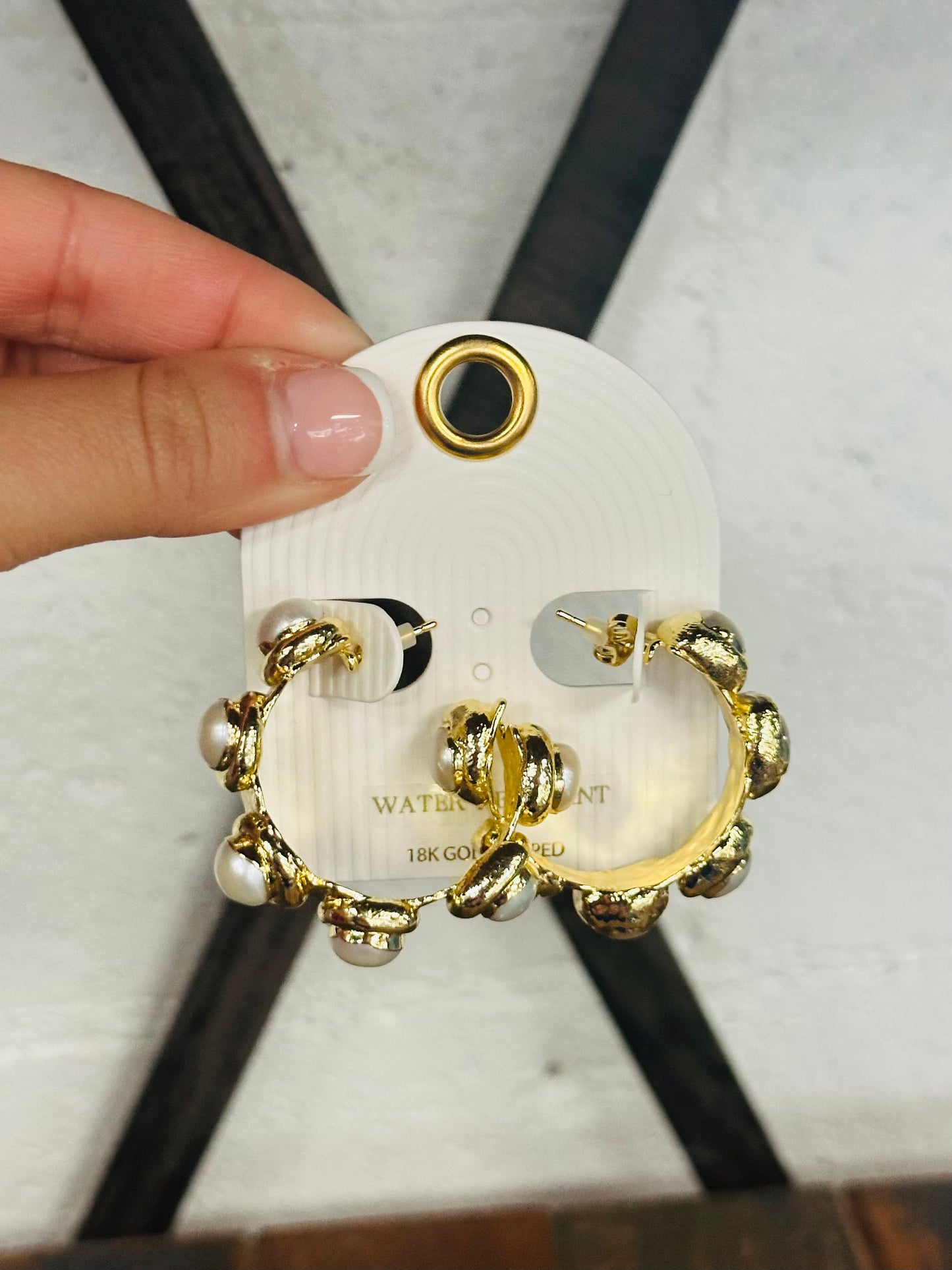 18K Gold Dipped Cream + Gold Pearl Station Hoops