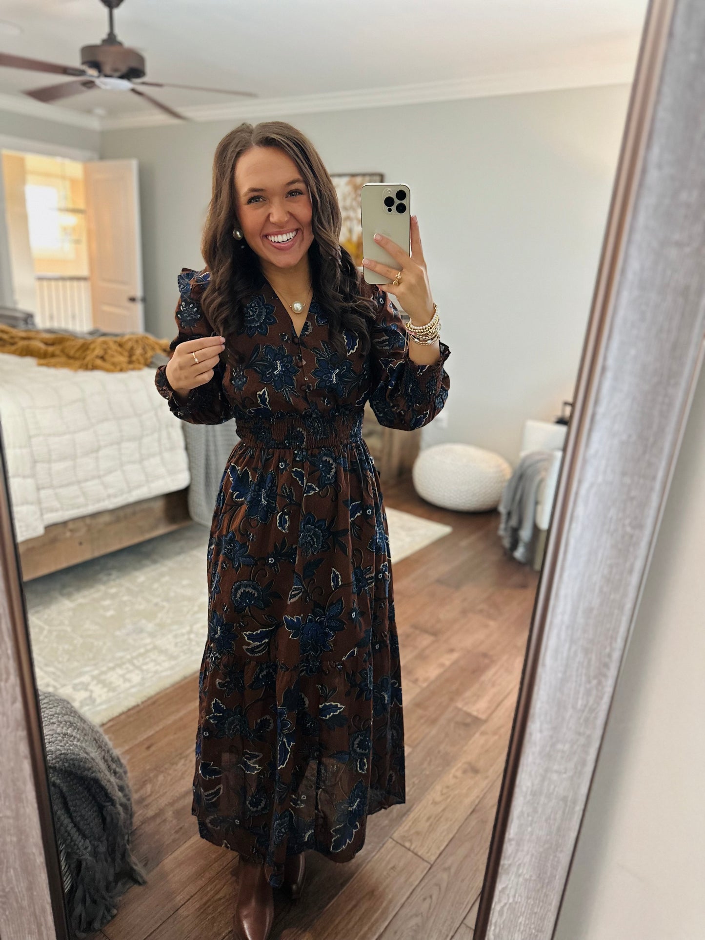 The Marlina Brown + Blue Floral Midi Dress
