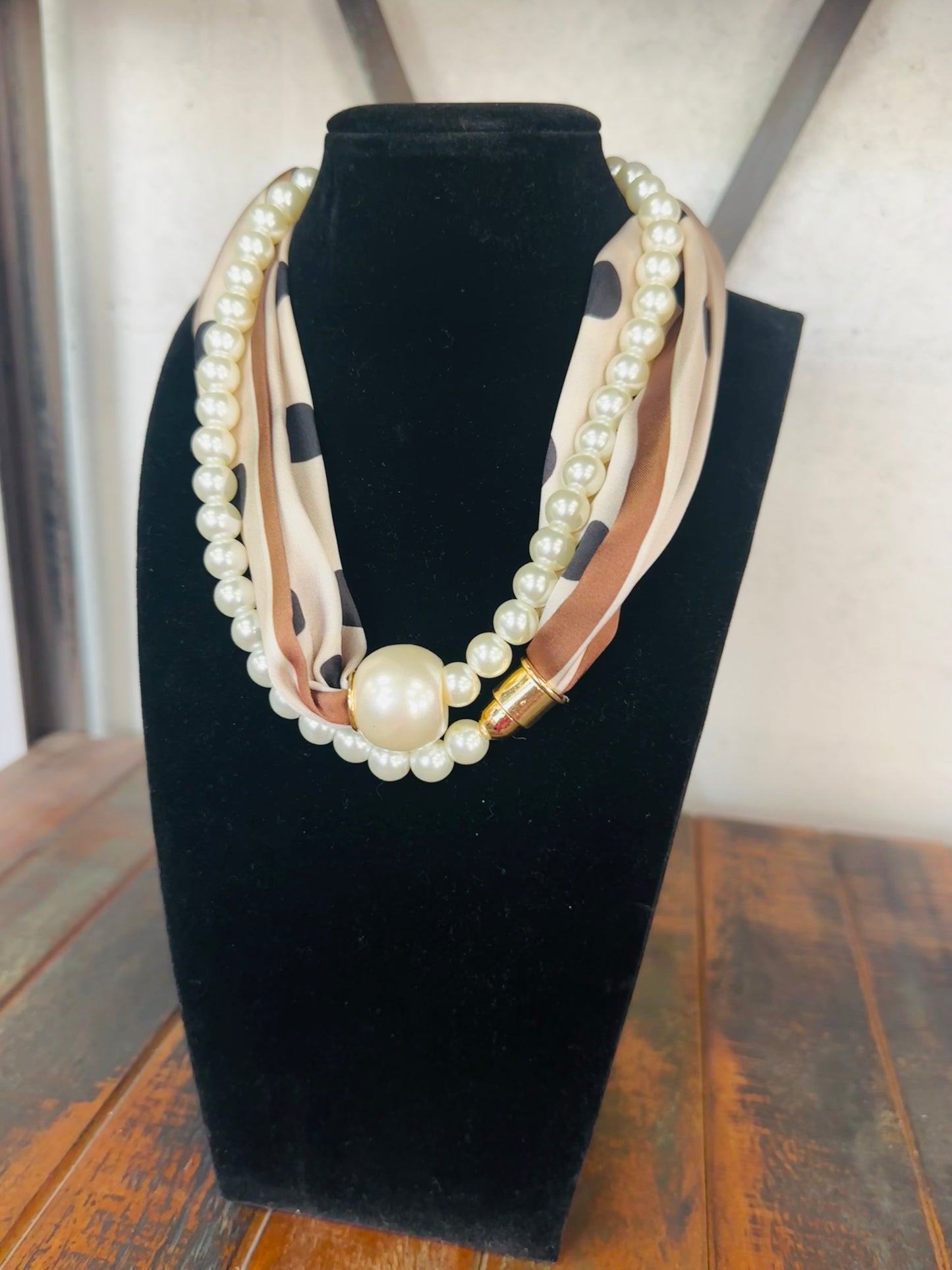 Brown + Cream Polkadot Pearl Layered Scarf Necklace