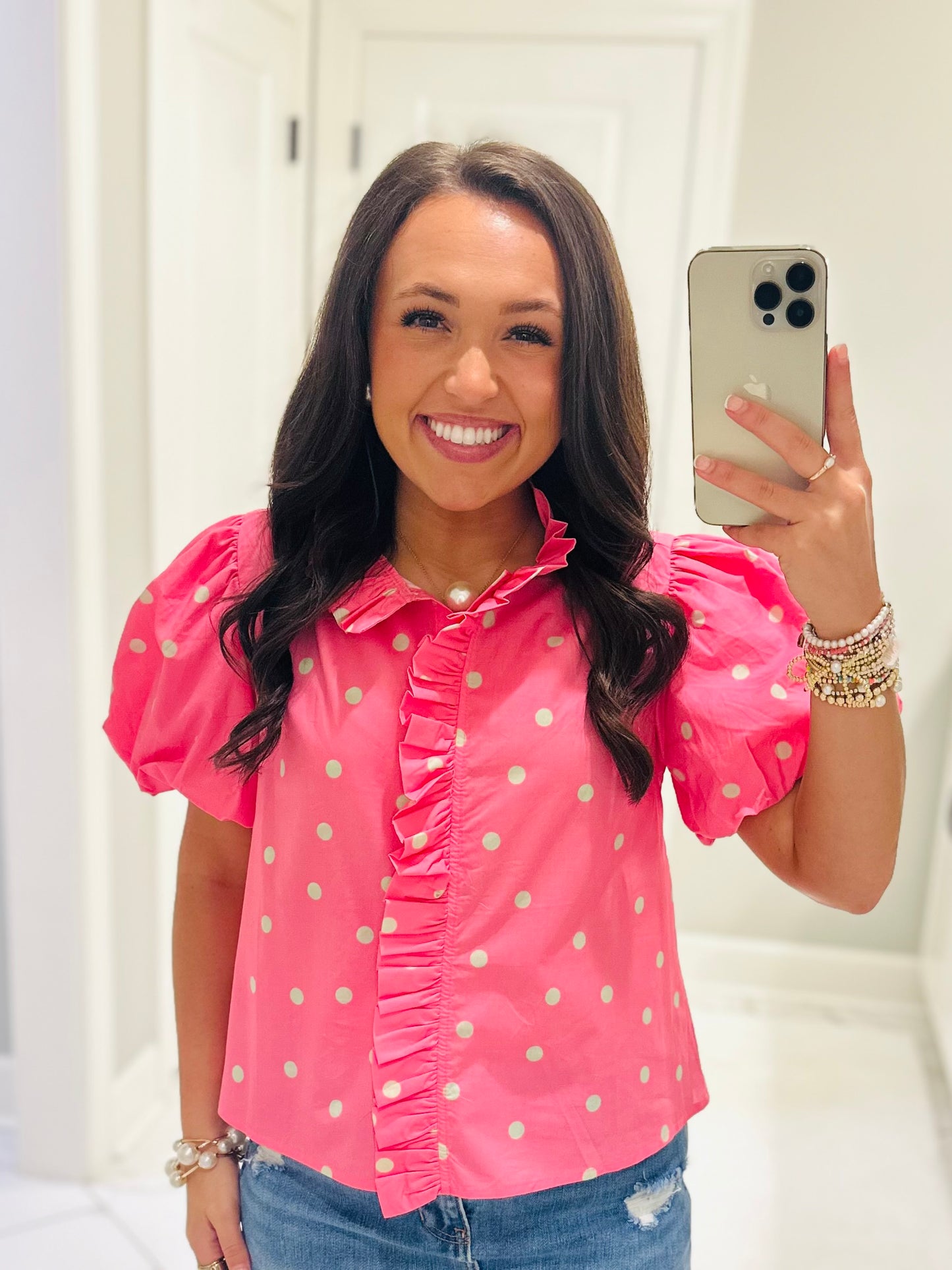 The June Pink + Green Polka Dot Top