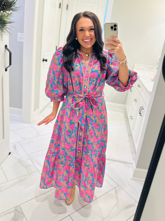 The Livia Blue + Pink Floral Midi Dress