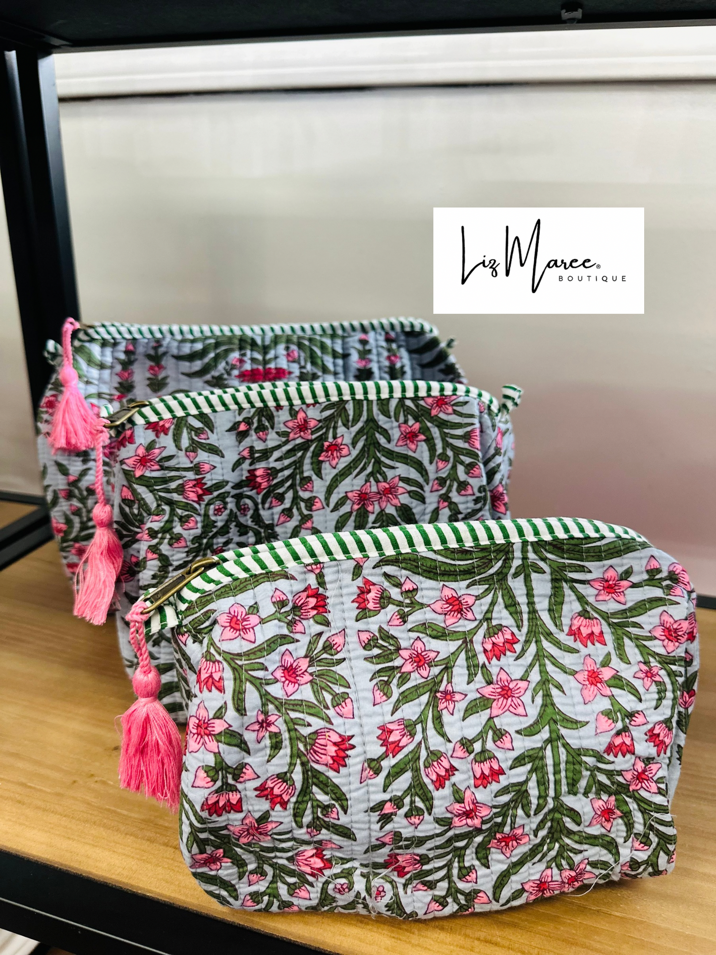 The Green + Blue Floral Quilted Cosmetic Bags - Set of 3