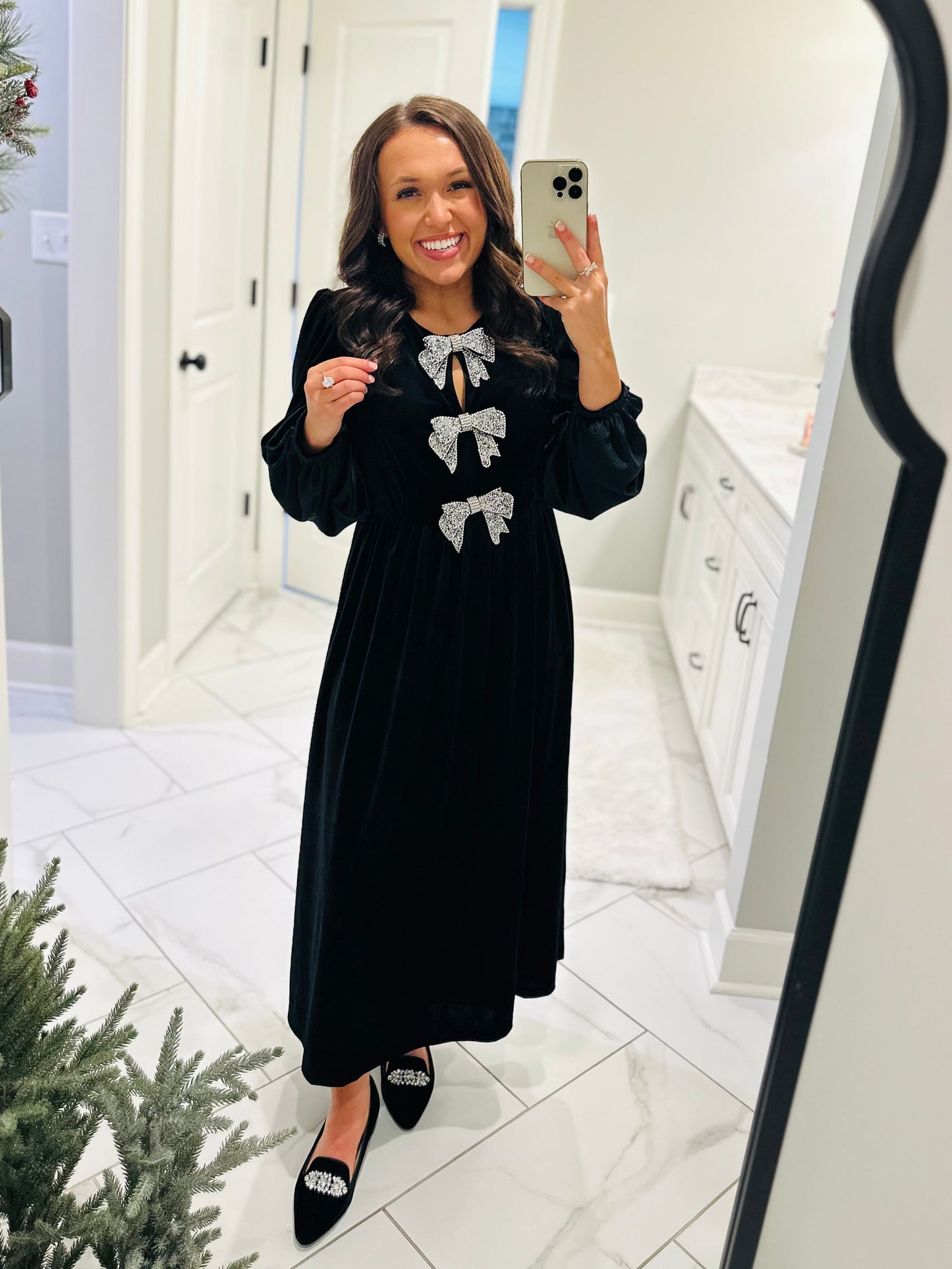 The Jenna Black Velvet Bow Midi Dress