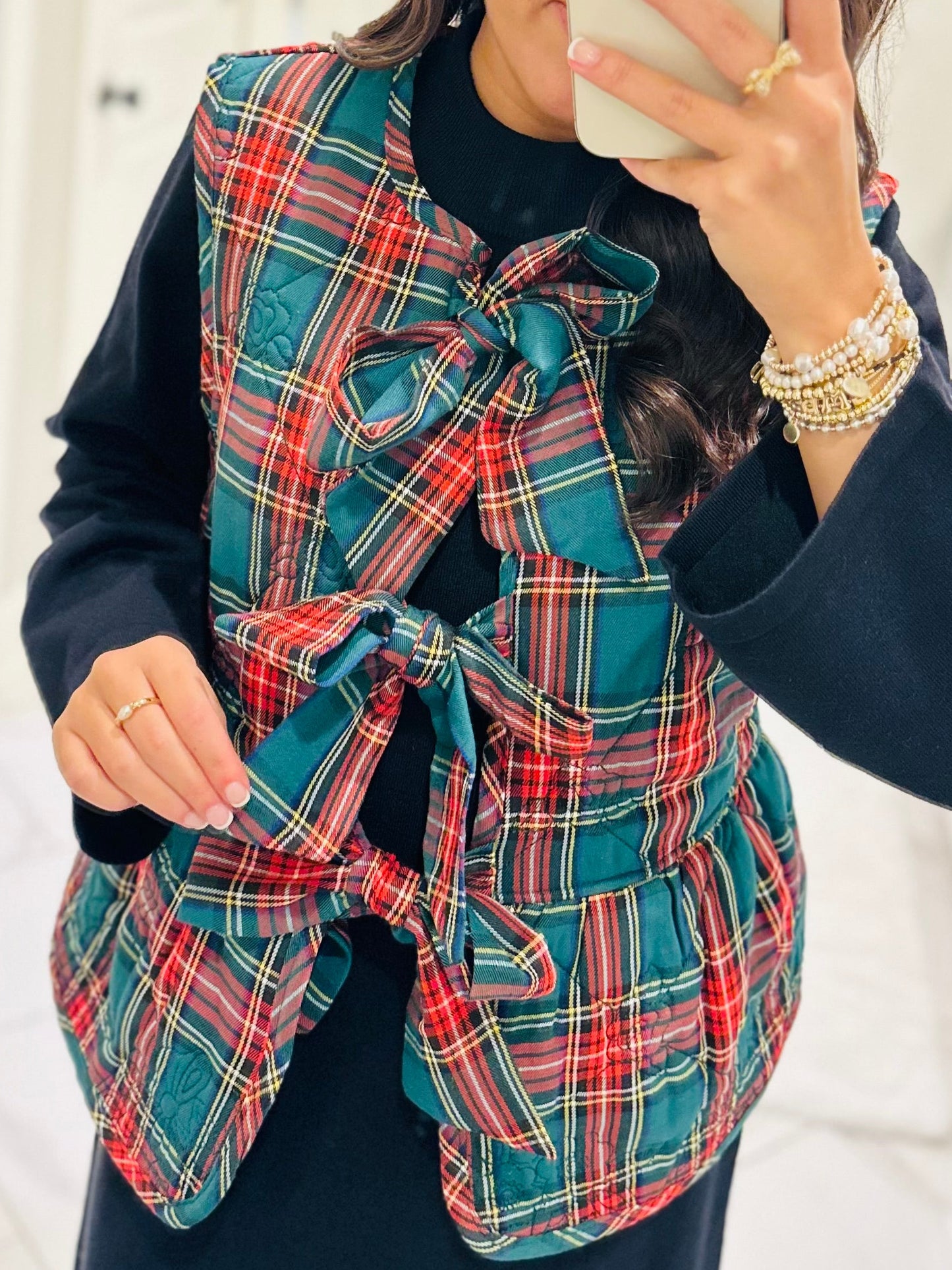 The Charity Green Plaid Quilted Bow Vest