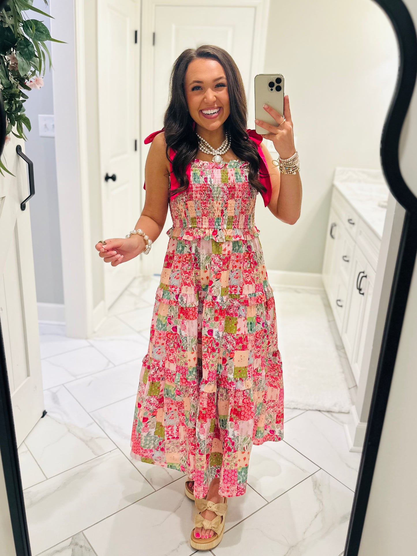 The Lillie Pink Multicolor Patchwork Midi Dress