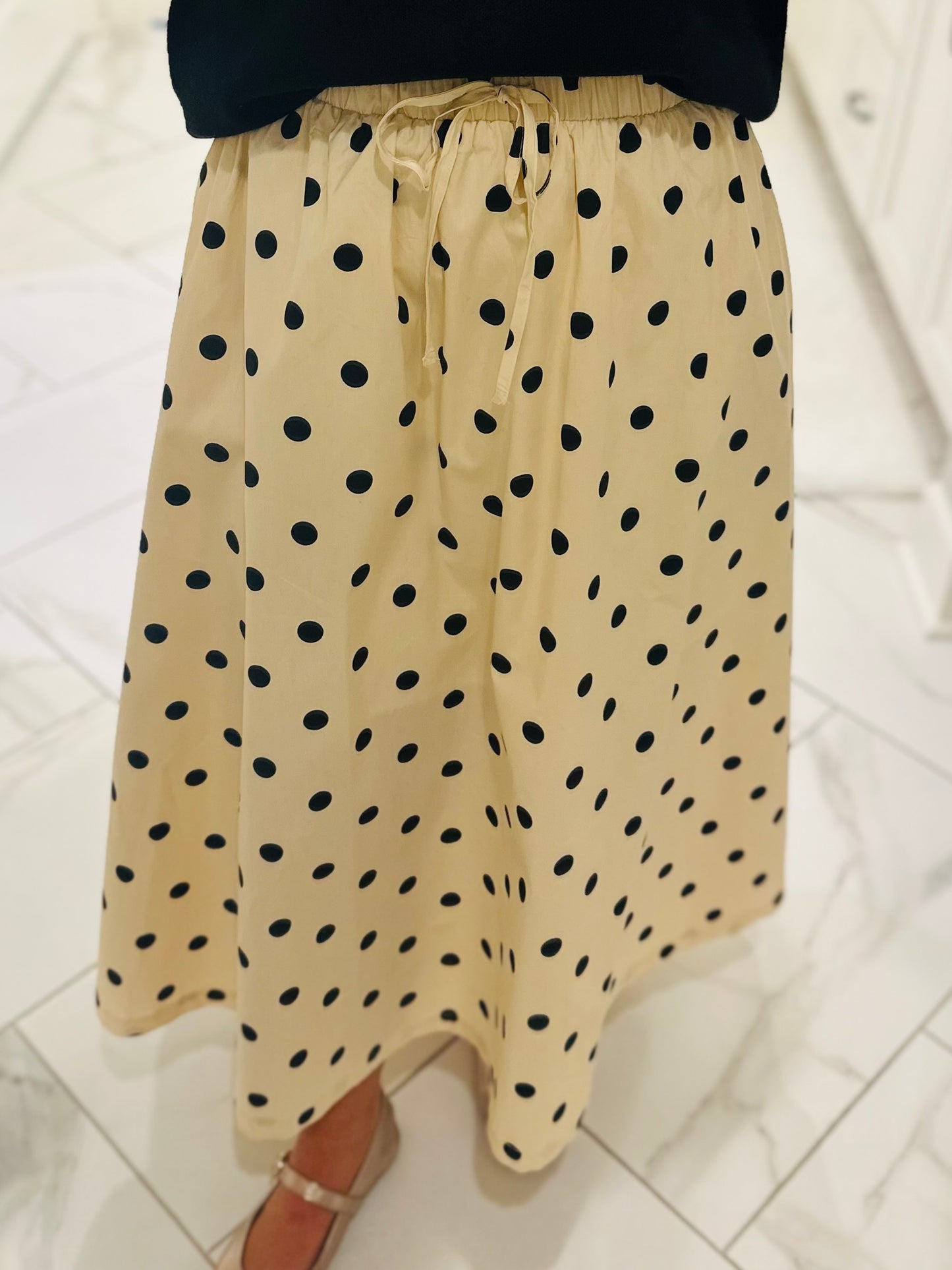 The Olivia Cream + Black Polka Dot Midi Skirt