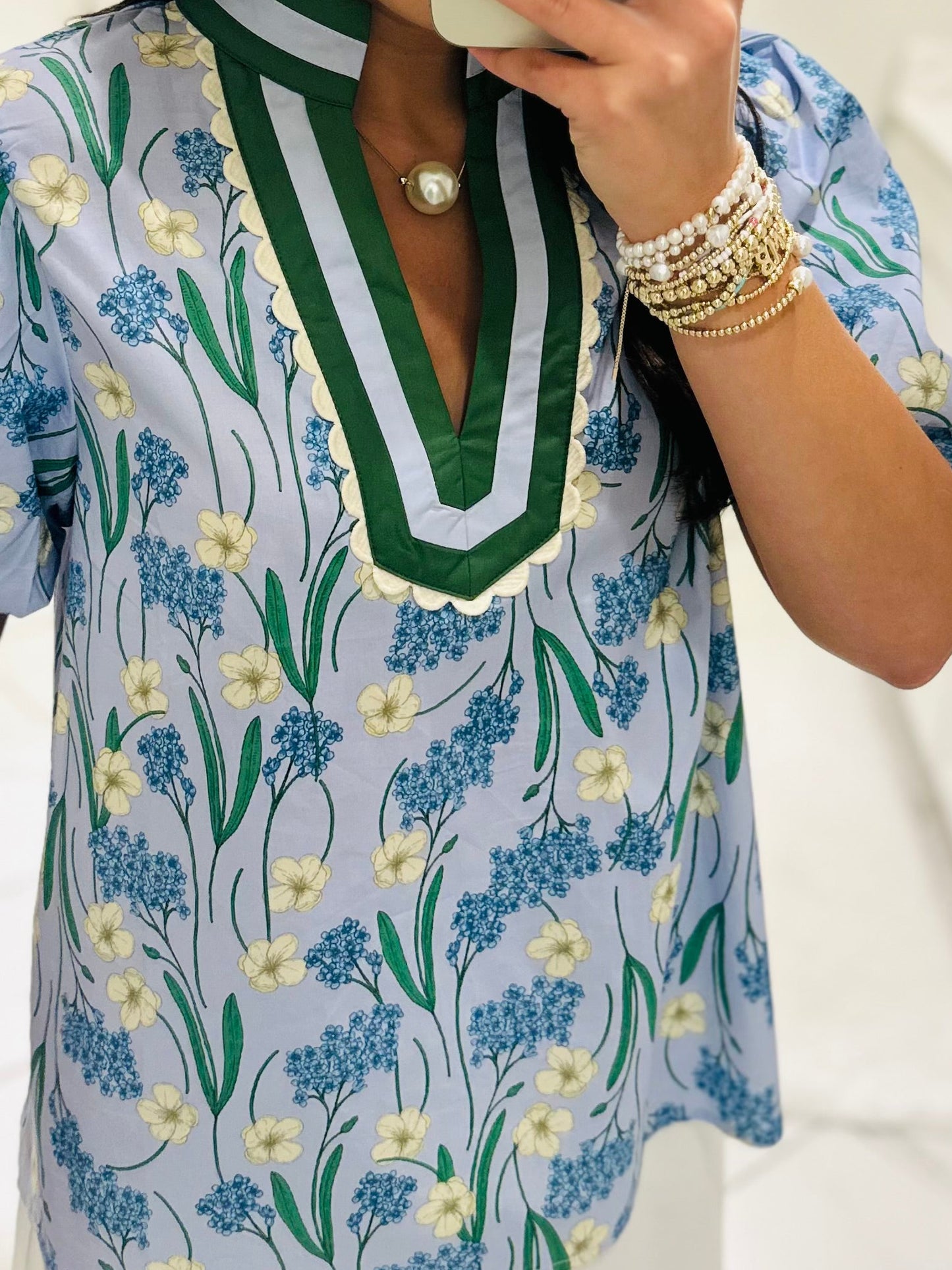 The Poppy Blue Floral Scallop Trim Top