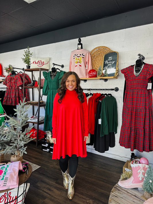 Red Long Sleeve Turtle Neck Swing Dress