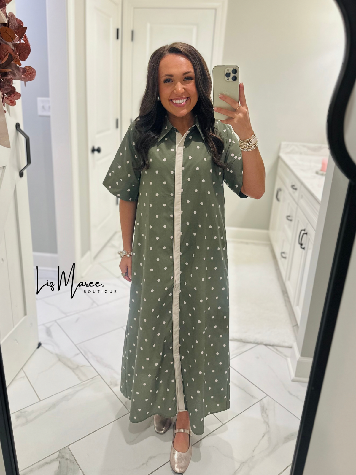 The Ruth Olive Green Polka Dot Midi Dress