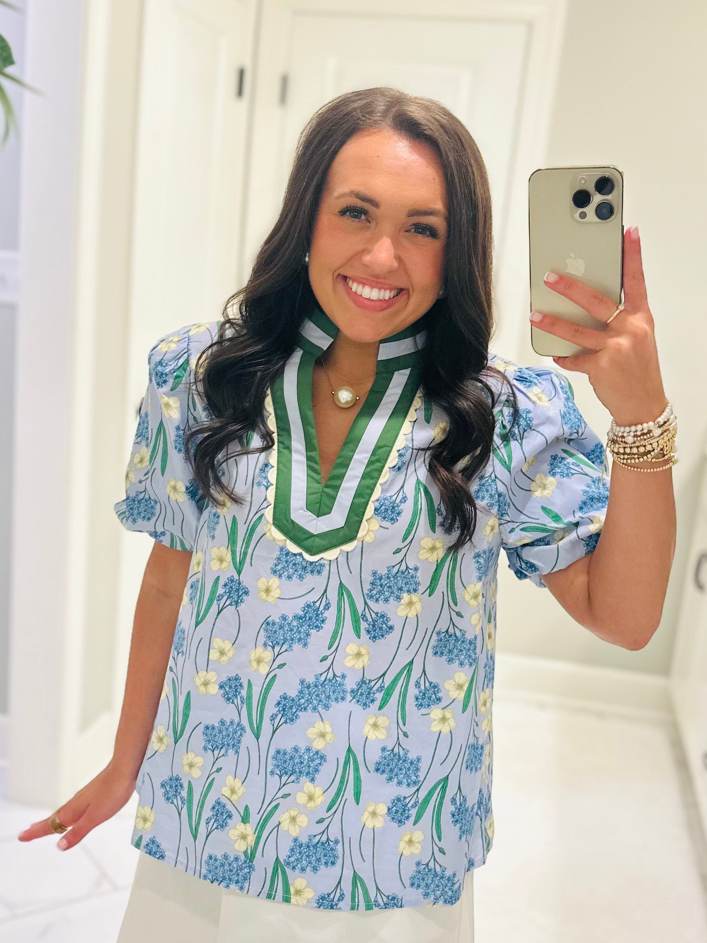 The Poppy Blue Floral Scallop Trim Top