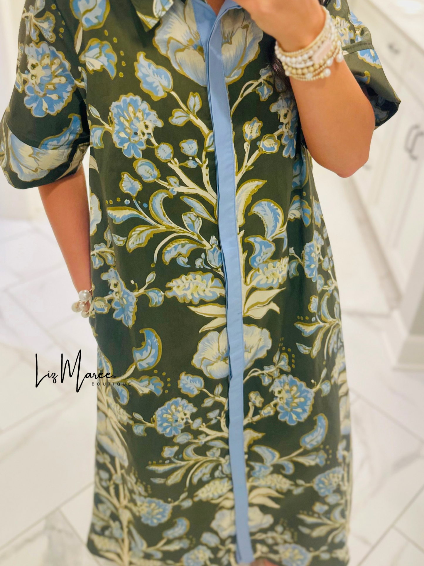 The Evie Olive Green + Blue Floral Midi Dress