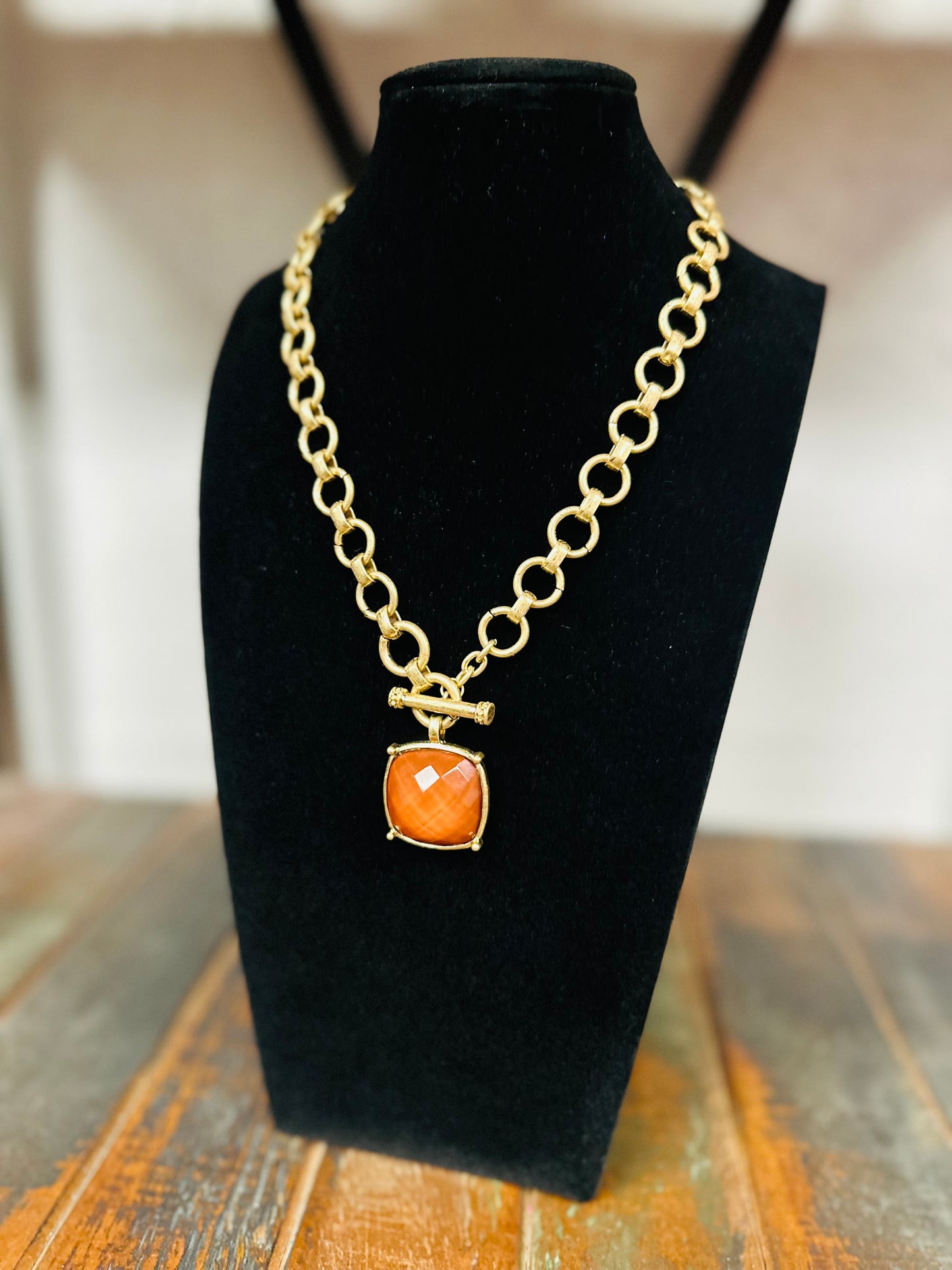 Brown Square Stone Pendant Necklace