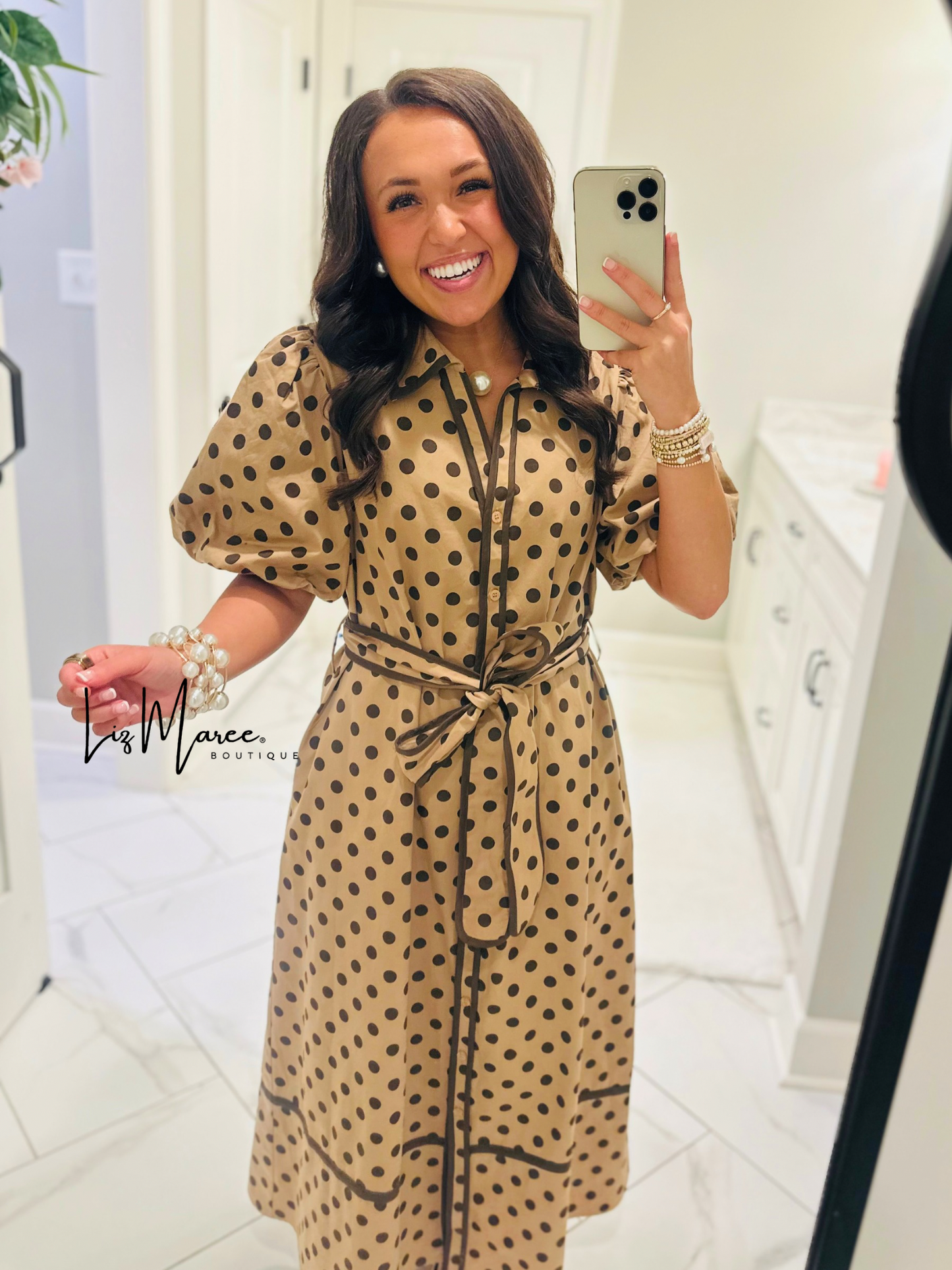 The Tatum Taupe Polka Dot Midi Dress