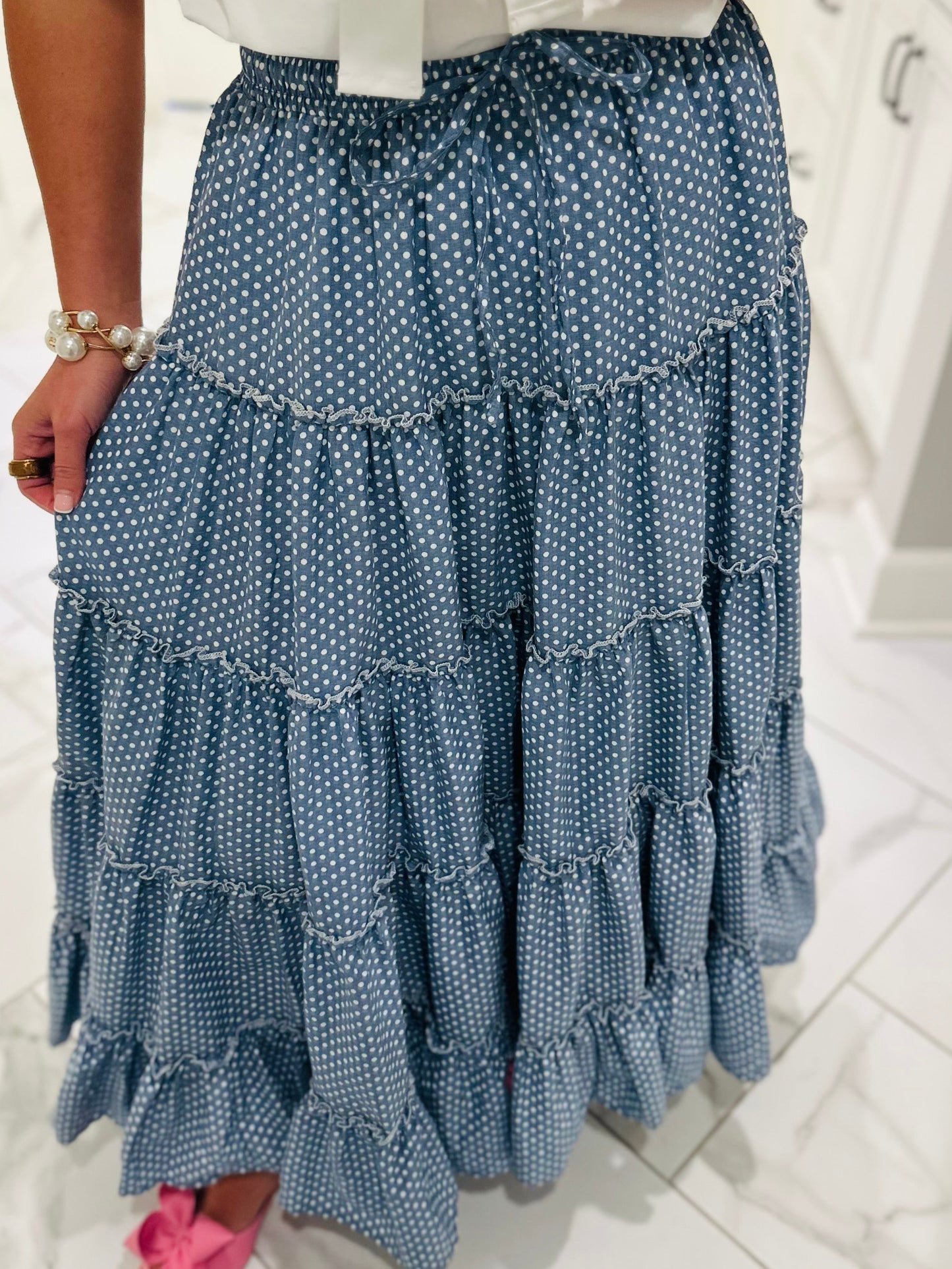 The Shelby Denim Polka Dot Maxi Skirt