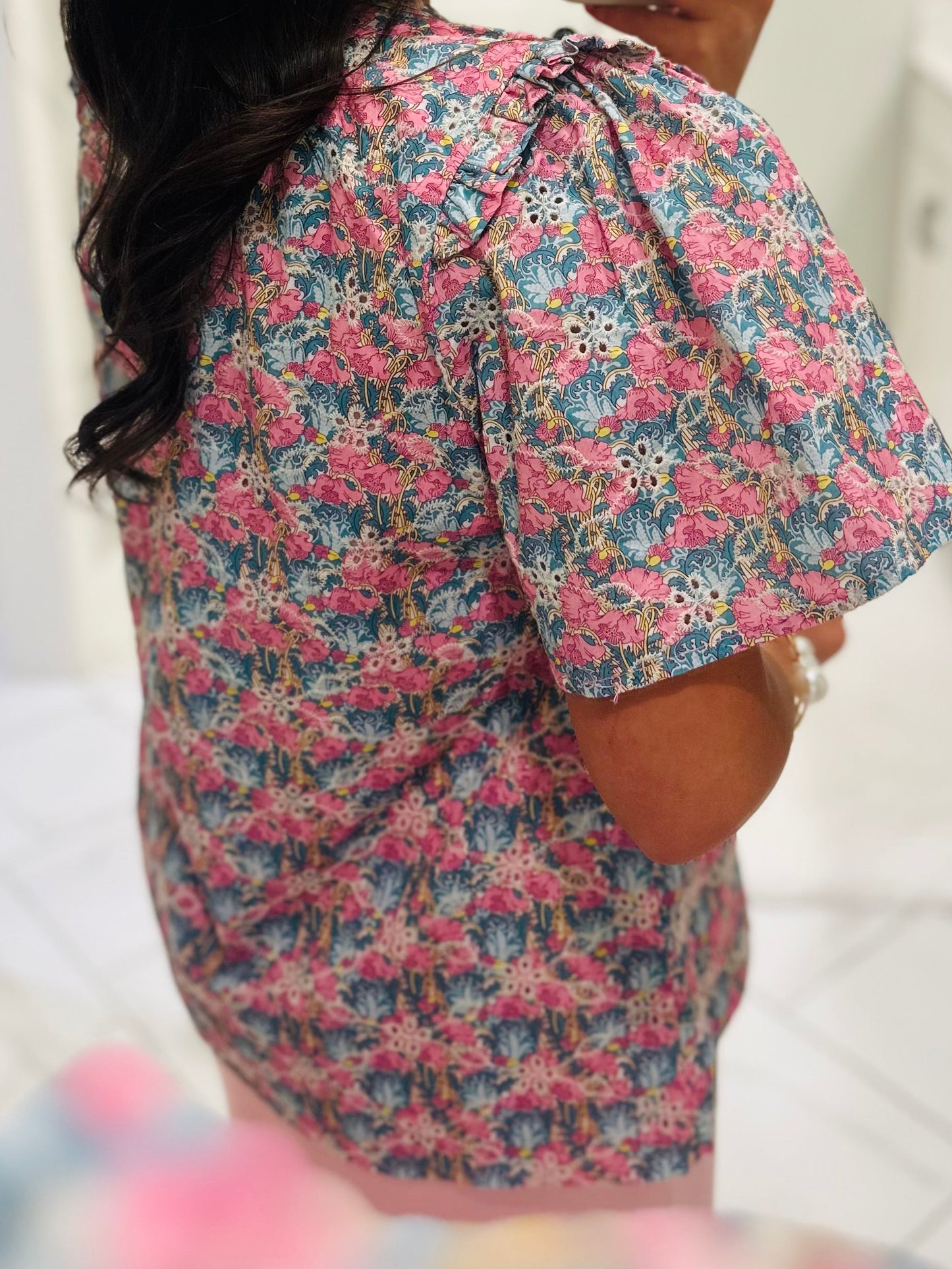 The Gemalee Pink + Green Eyelet Top