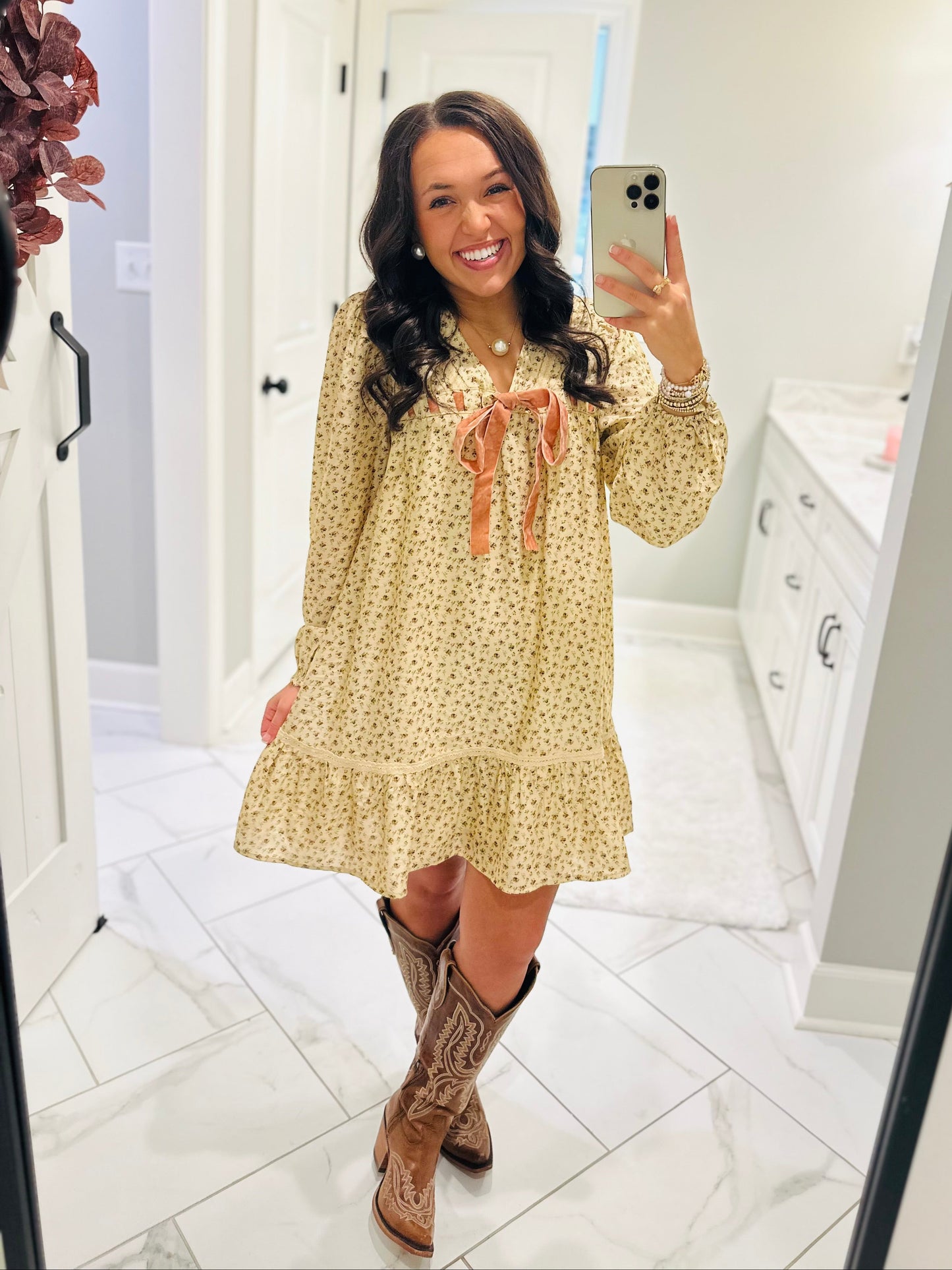 The Rhea Cream Floral Long Sleeve Bow Detail Dress