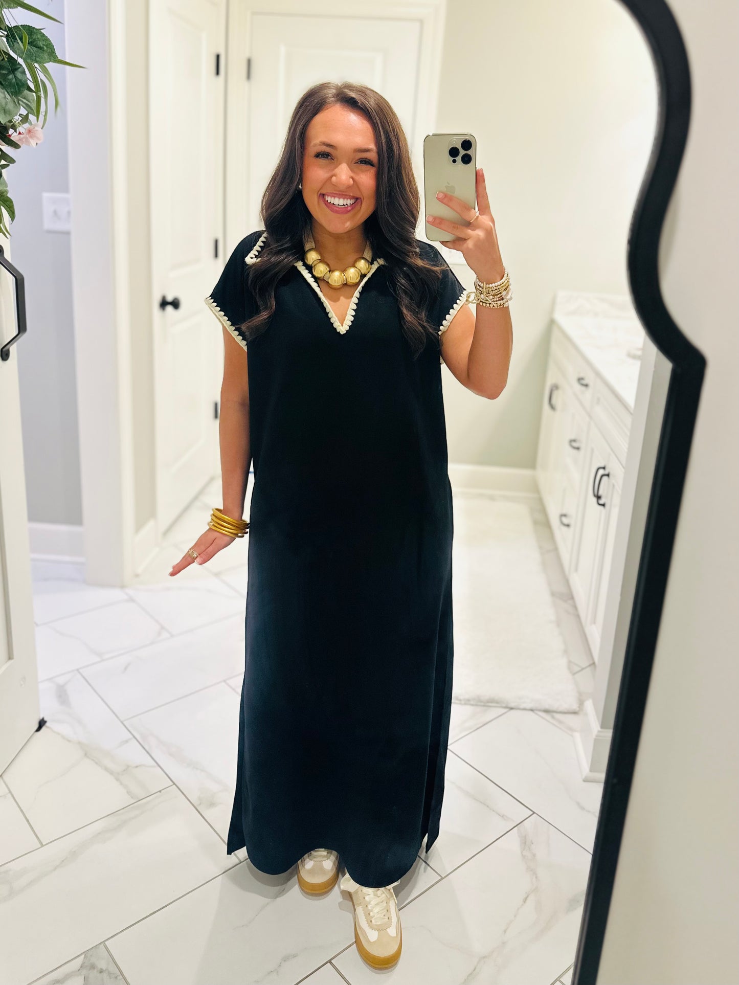 The Sarah Black Collared Stitch Midi Dress