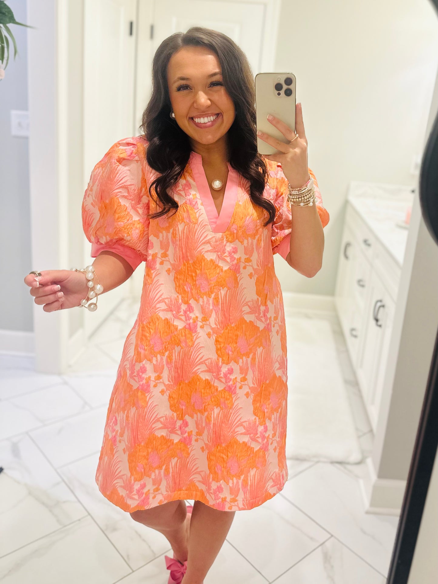 The Summer Peach Mix Floral Jacquard Dress