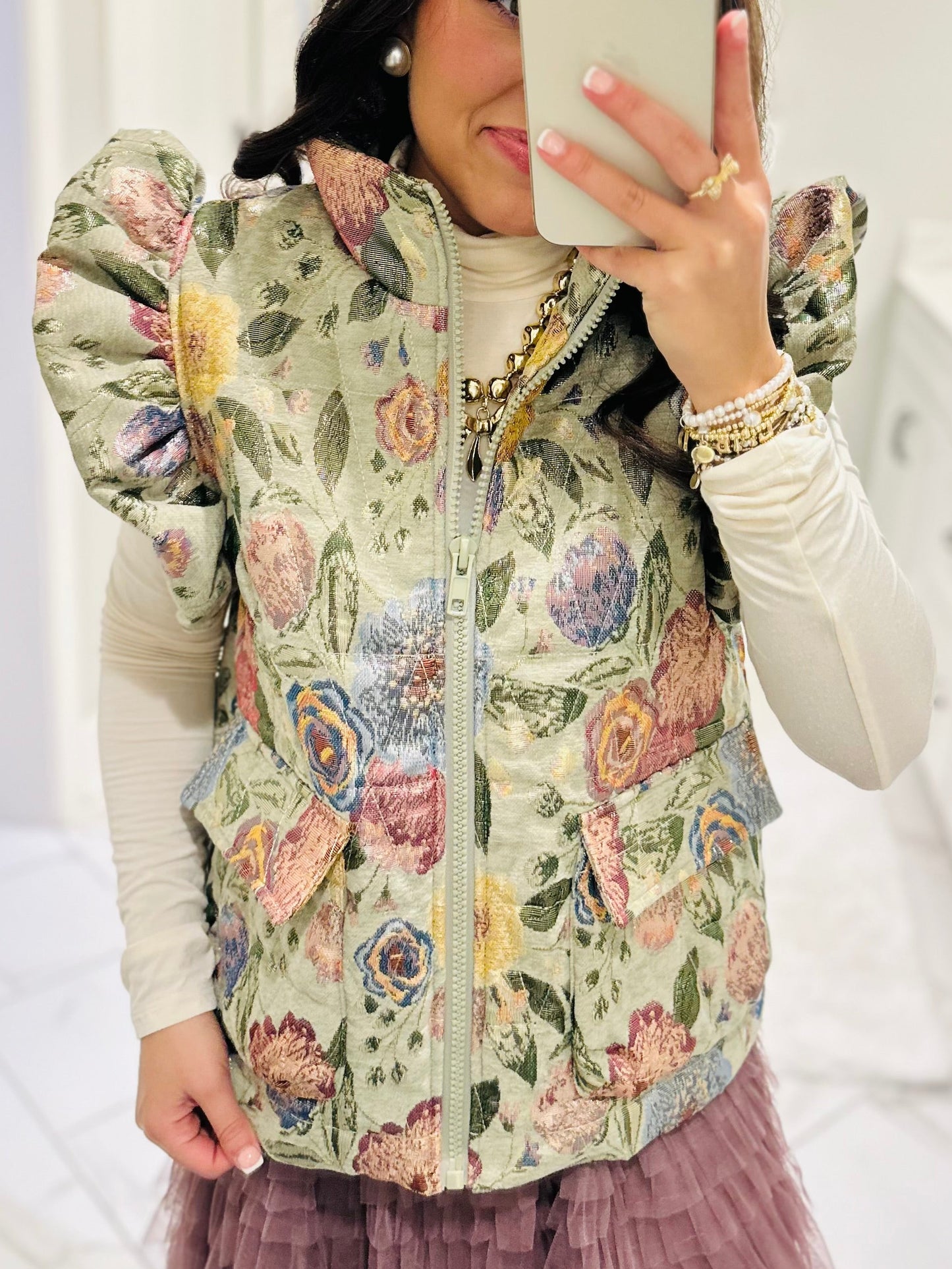 The Everlee Olive Green Floral Metallic Quilted Vest