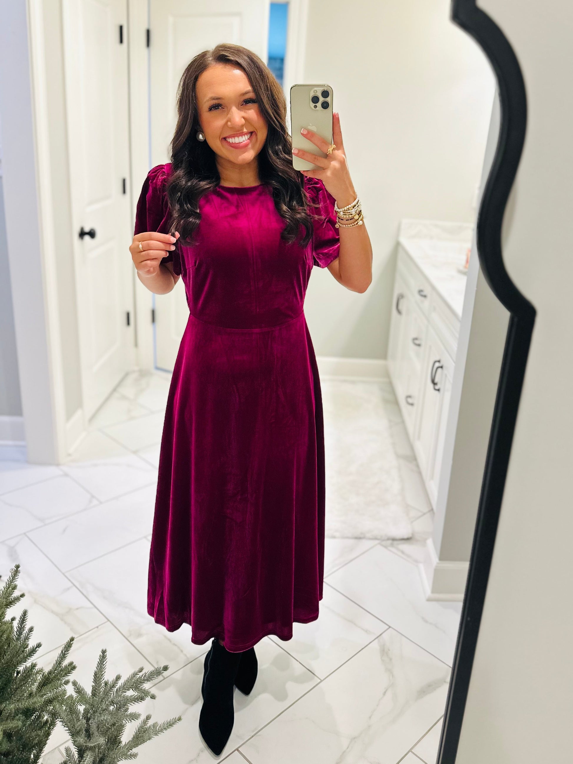 The Mary Magenta Velvet A-line Midi Dress Medium