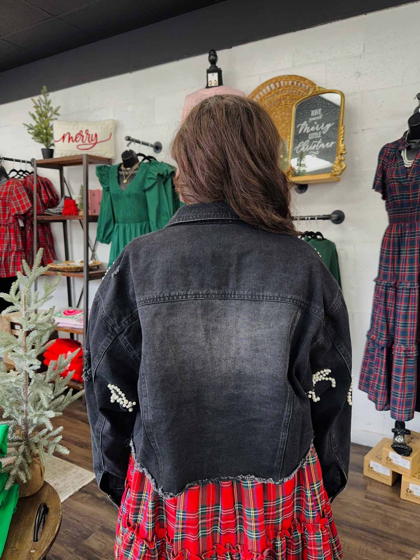 Black Denim Washed Pearl Bow Cropped Jacket