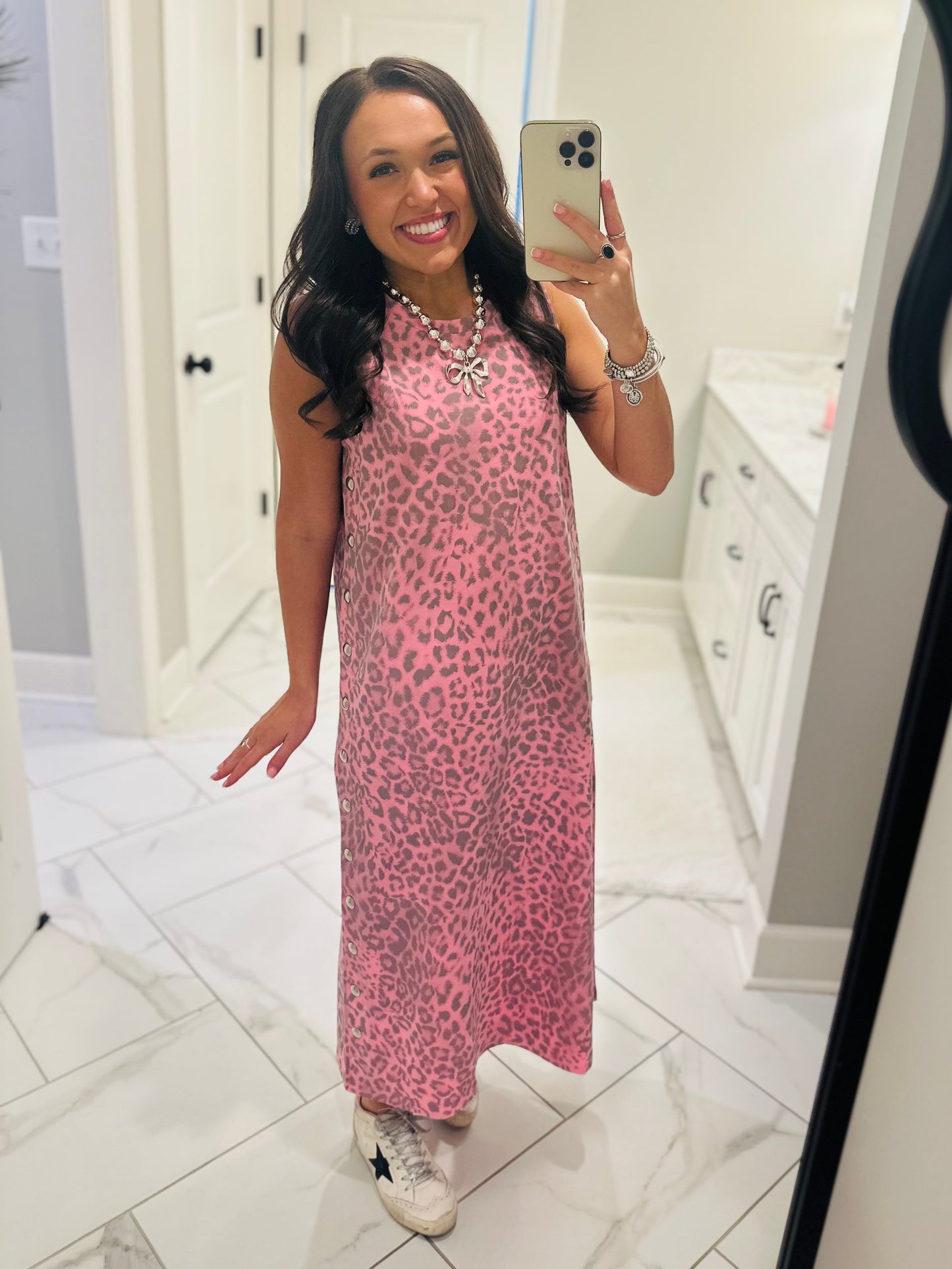 The Brooke Pink Leopard Midi Dress
